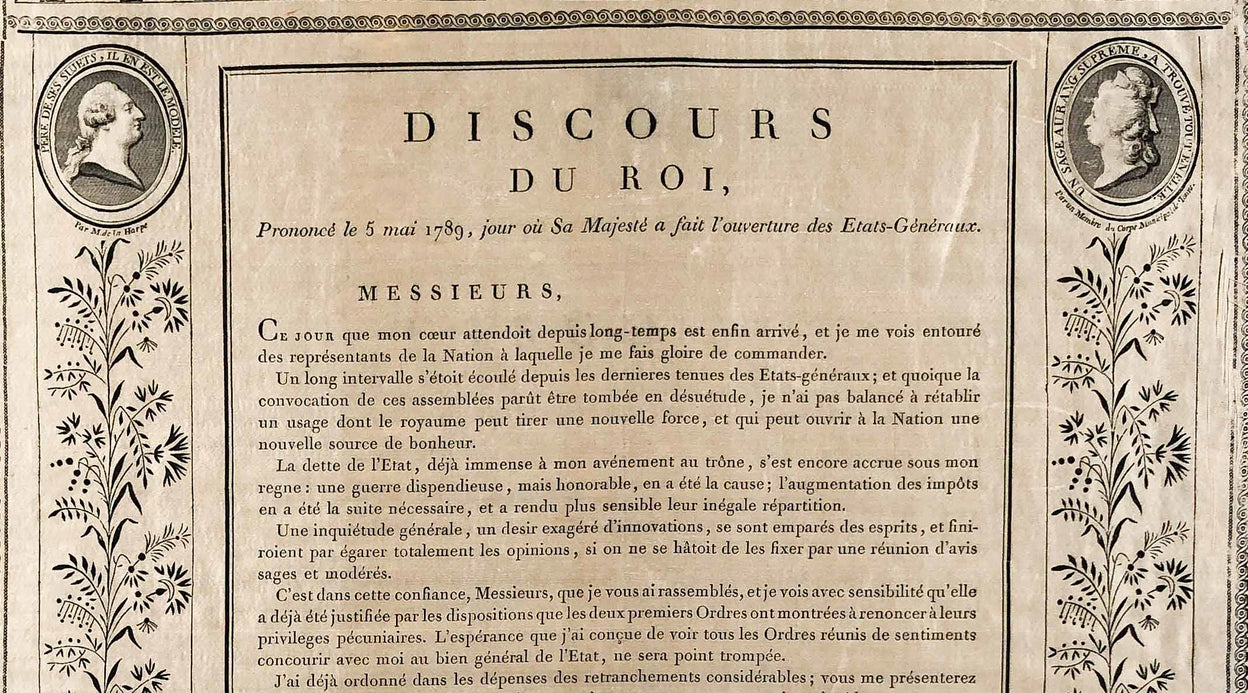 Discours du roi, prononcé le 5 mai 1789, jour où sa Majesté a fait l’ouverture des Etats-Généraux.
 
 [Paris]: de l’imprimerie de Didot l’Aîné, [1789].