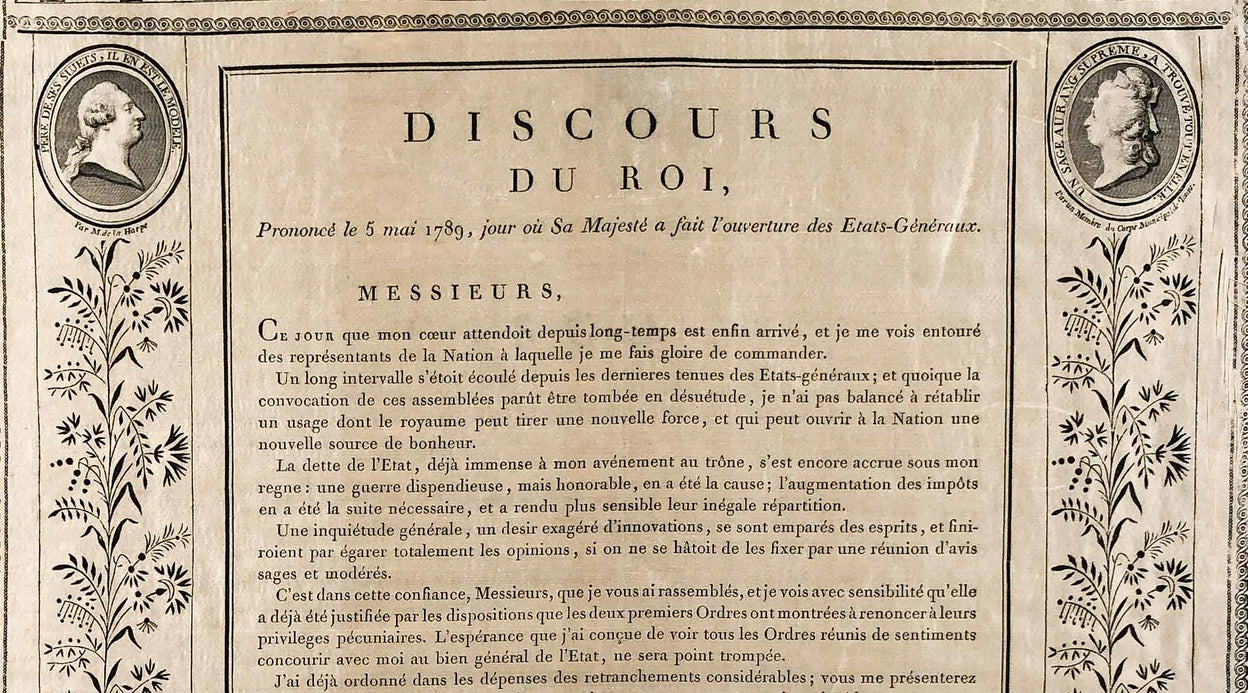 Discours du roi, prononcé le 5 mai 1789, jour où sa Majesté a fait l’ouverture des Etats-Généraux.
 
 [Paris]: de l’imprimerie de Didot l’Aîné, [1789].