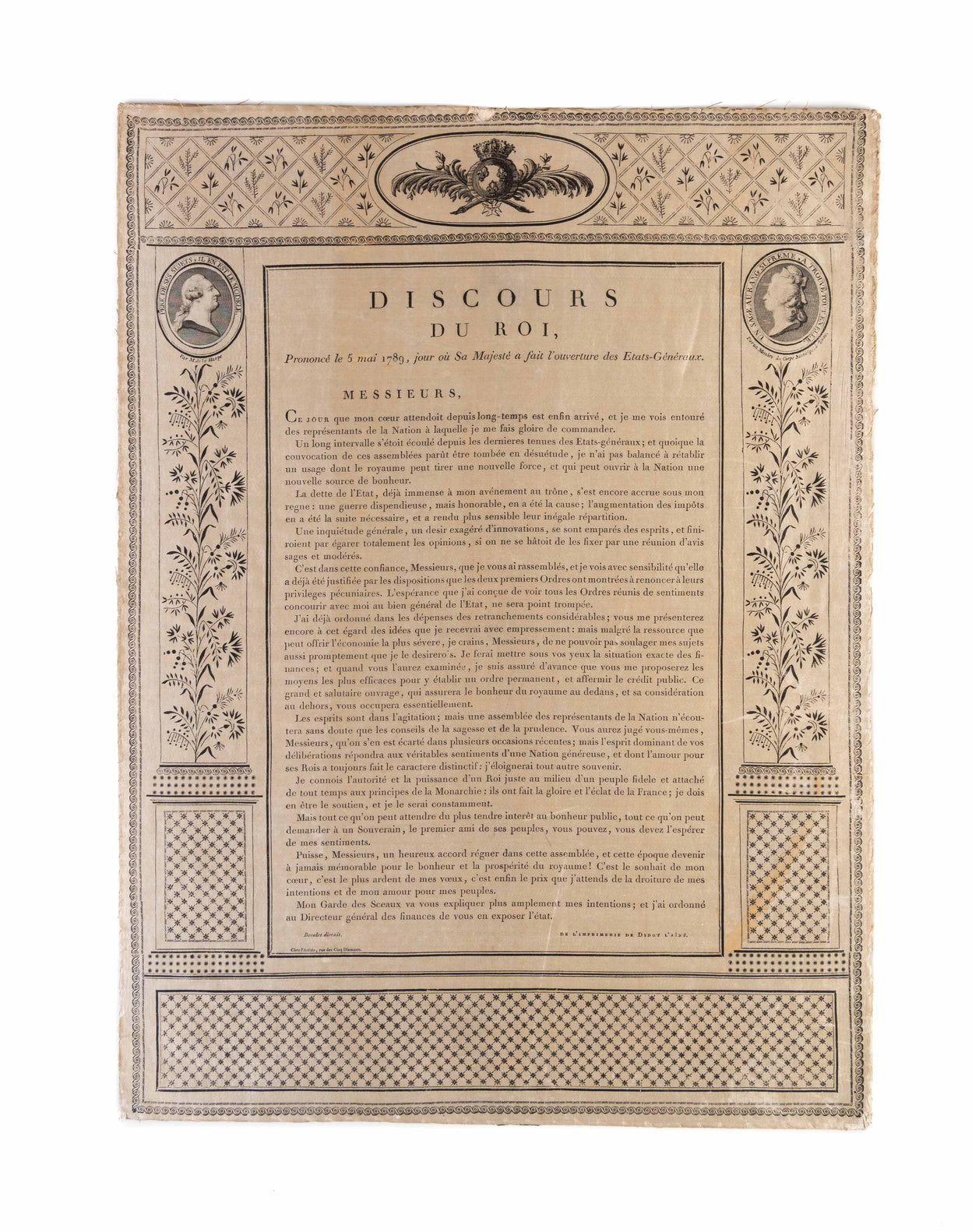 Discours du roi, prononcé le 5 mai 1789, jour où sa Majesté a fait l’ouverture des Etats-Généraux.
 
 [Paris]: de l’imprimerie de Didot l’Aîné, [1789].