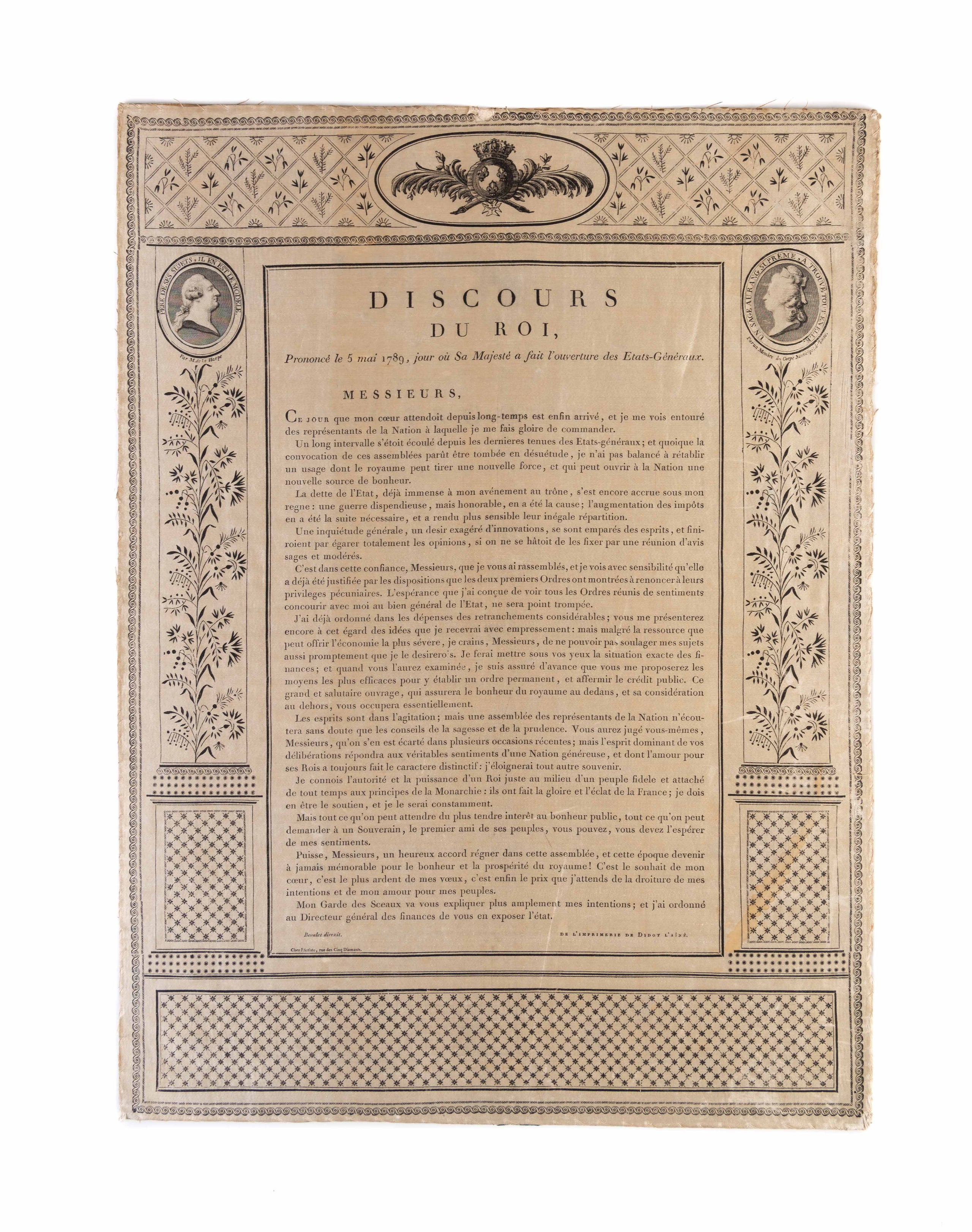 Discours du roi, prononcé le 5 mai 1789, jour où sa Majesté a fait l’ouverture des Etats-Généraux.
 
 [Paris]: de l’imprimerie de Didot l’Aîné, [1789].