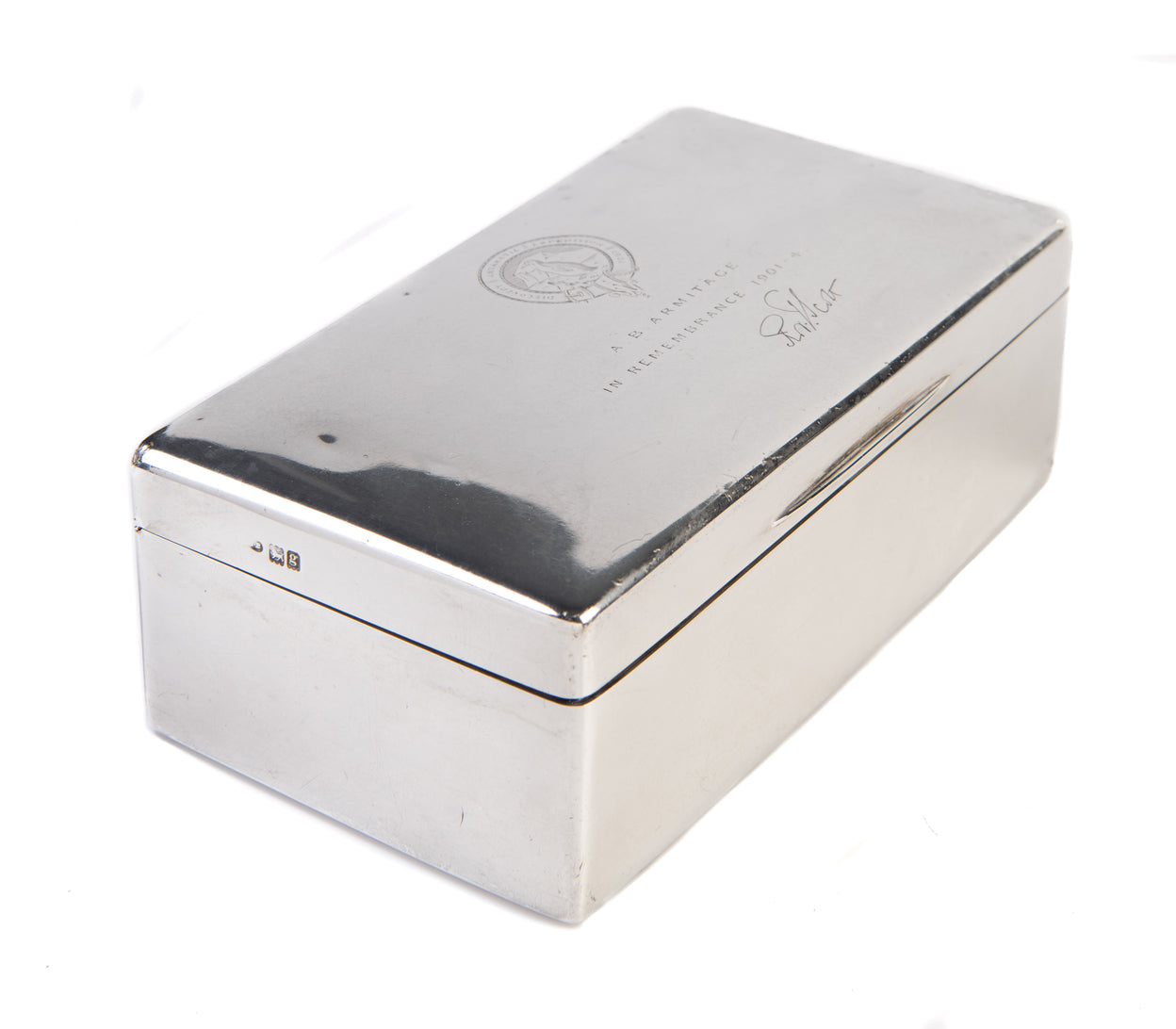 Silver table cigarette box with engraved inscription from Robert Falcon Scott to Albert Armitage.