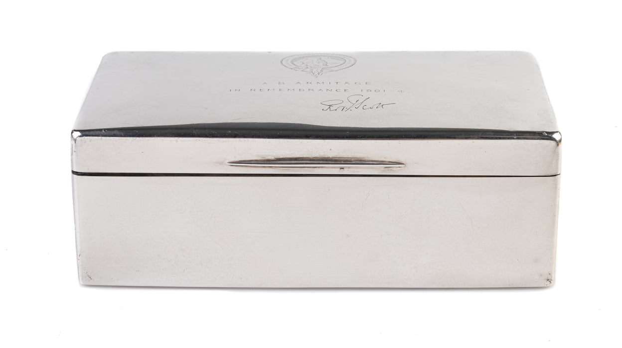 Silver table cigarette box with engraved inscription from Robert Falcon Scott to Albert Armitage.