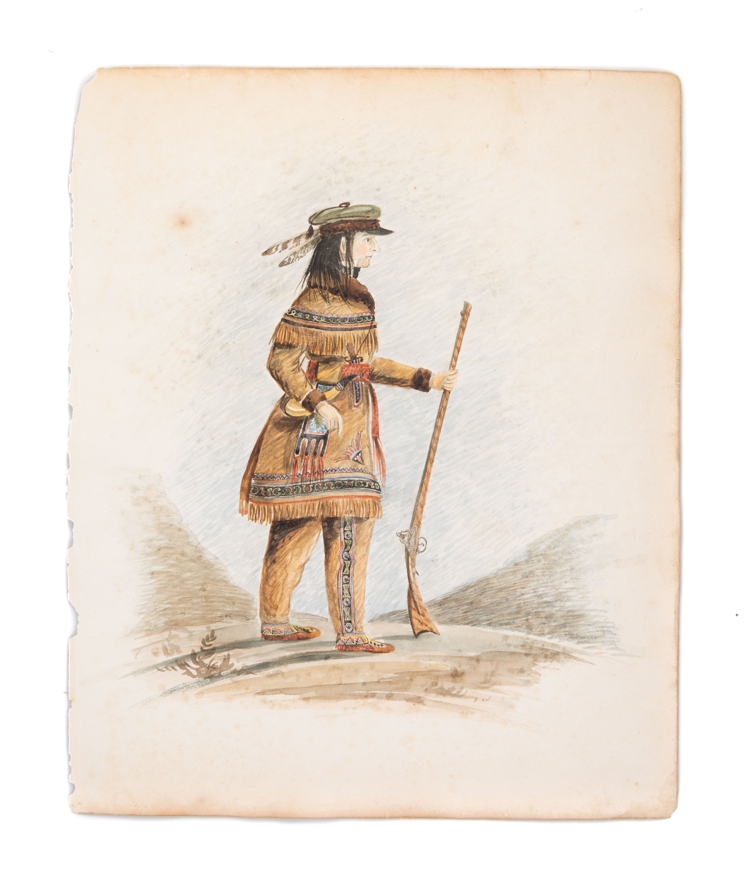 [Two watercolours depicting a Native hunter in traditional dress, and a trapper or voyageur in elaborate buckskins with a European hat.]