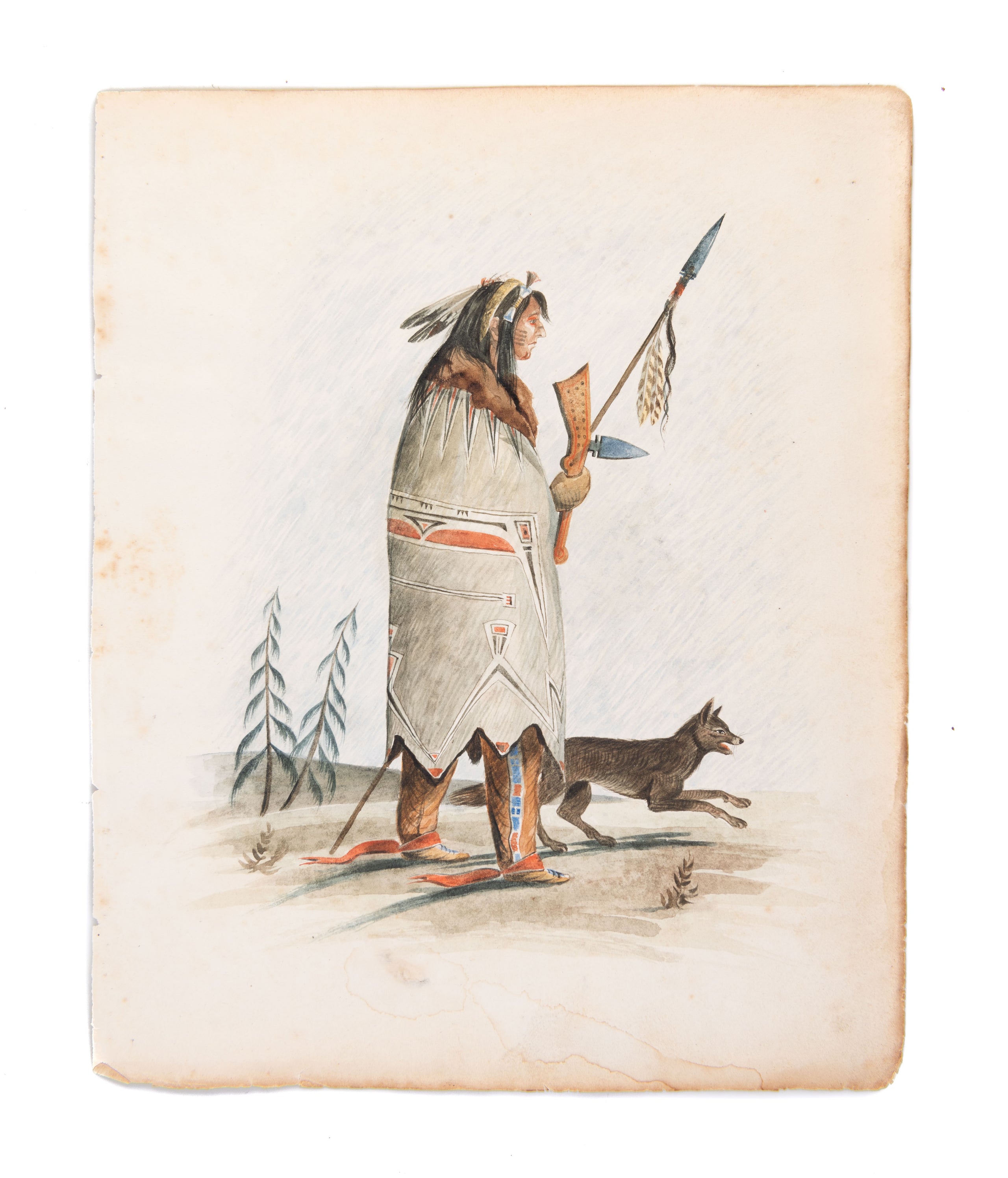[Two watercolours depicting a Native hunter in traditional dress, and a trapper or voyageur in elaborate buckskins with a European hat.]