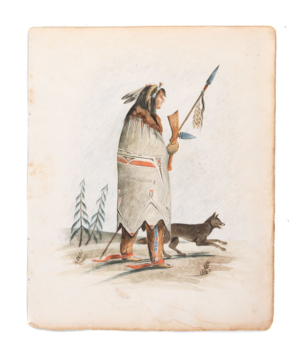 [Two watercolours depicting a Native hunter in traditional dress, and a trapper or voyageur in elaborate buckskins with a European hat.]