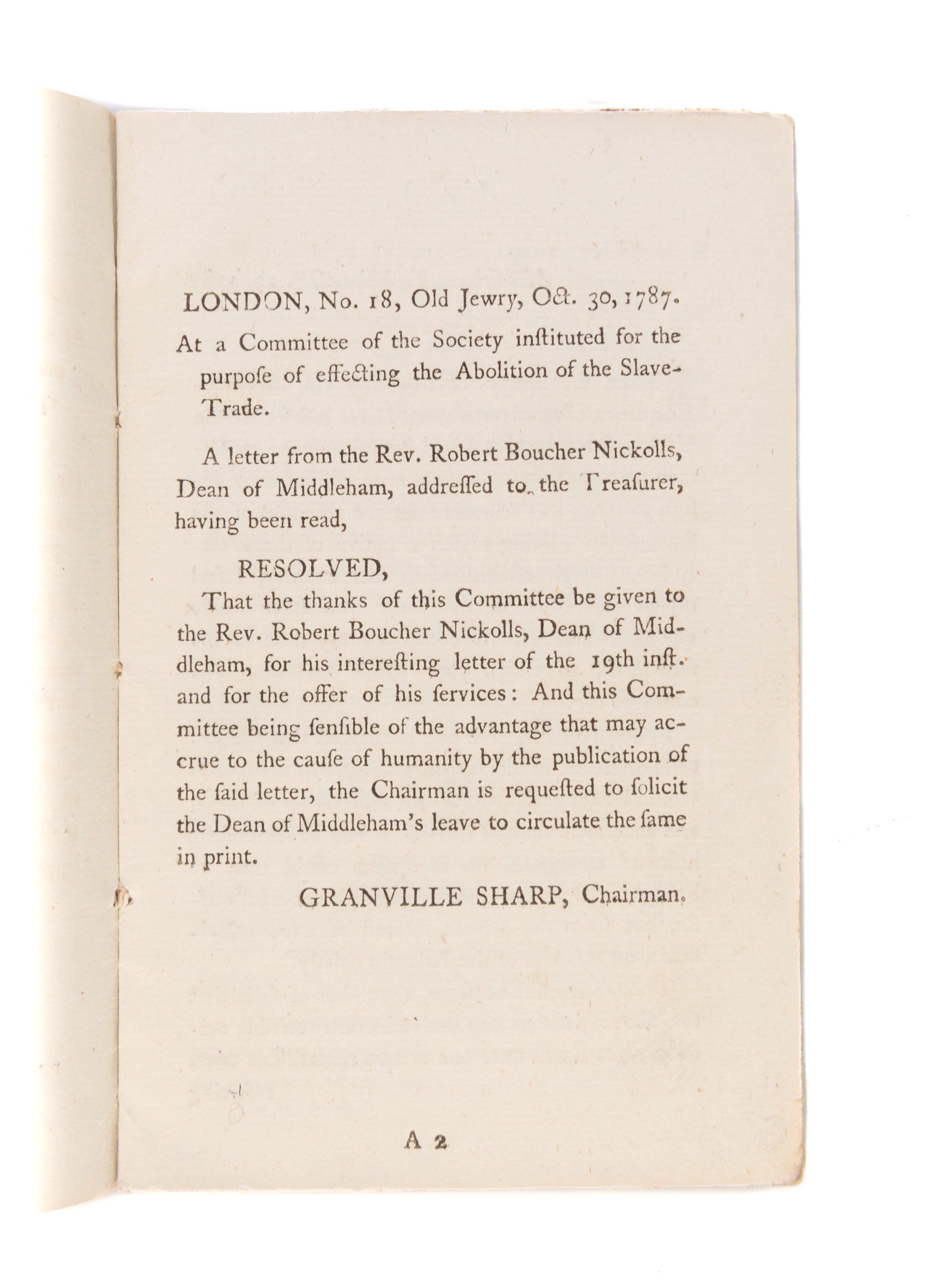 A Letter to the Treasurer of the Society Instituted for the purpose of Effecting the Abolition of the Slave Trade.