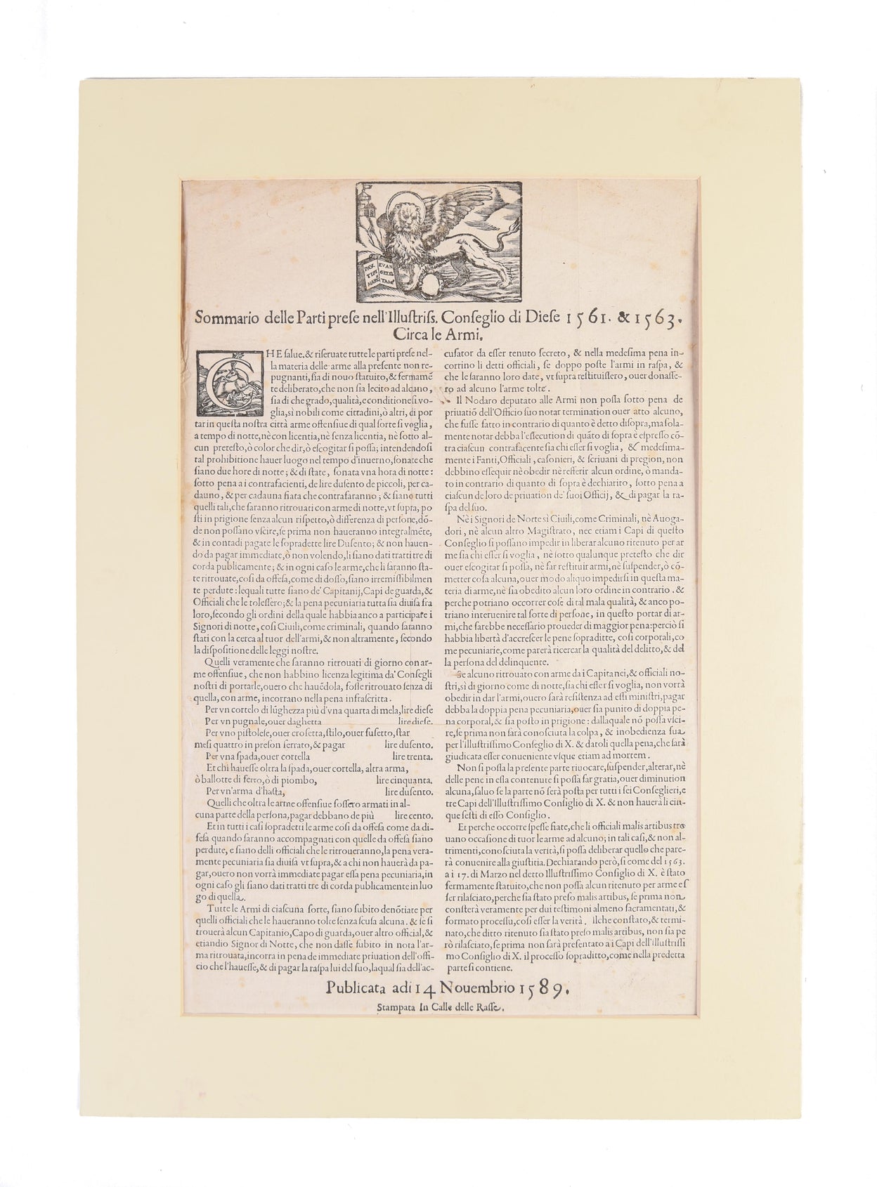 Sommario delle Parti prese nell'illustriss. Conseglio di Diese 1561. & 1563. Circa le Armi.