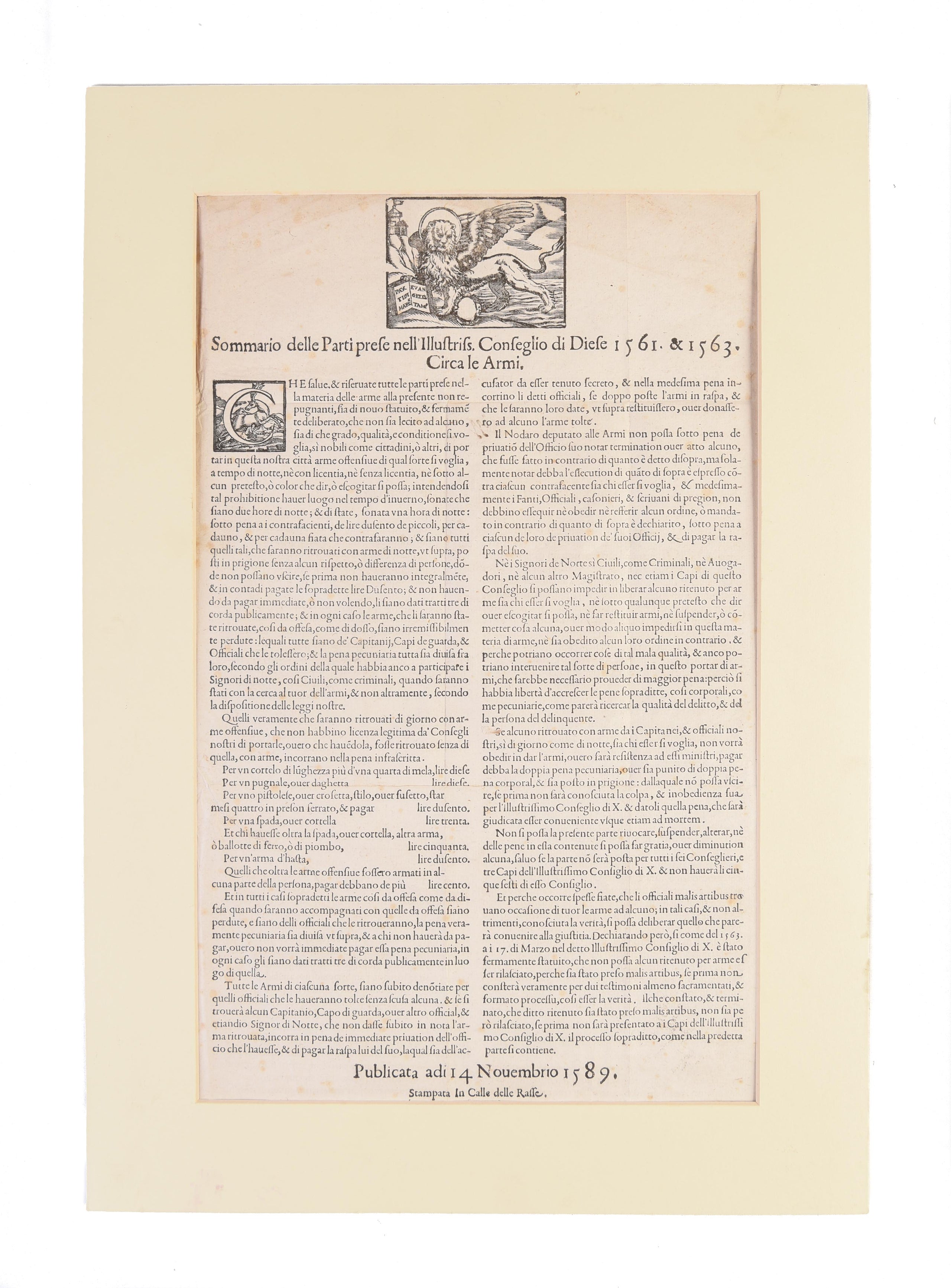Sommario delle Parti prese nell'illustriss. Conseglio di Diese 1561. & 1563. Circa le Armi.
