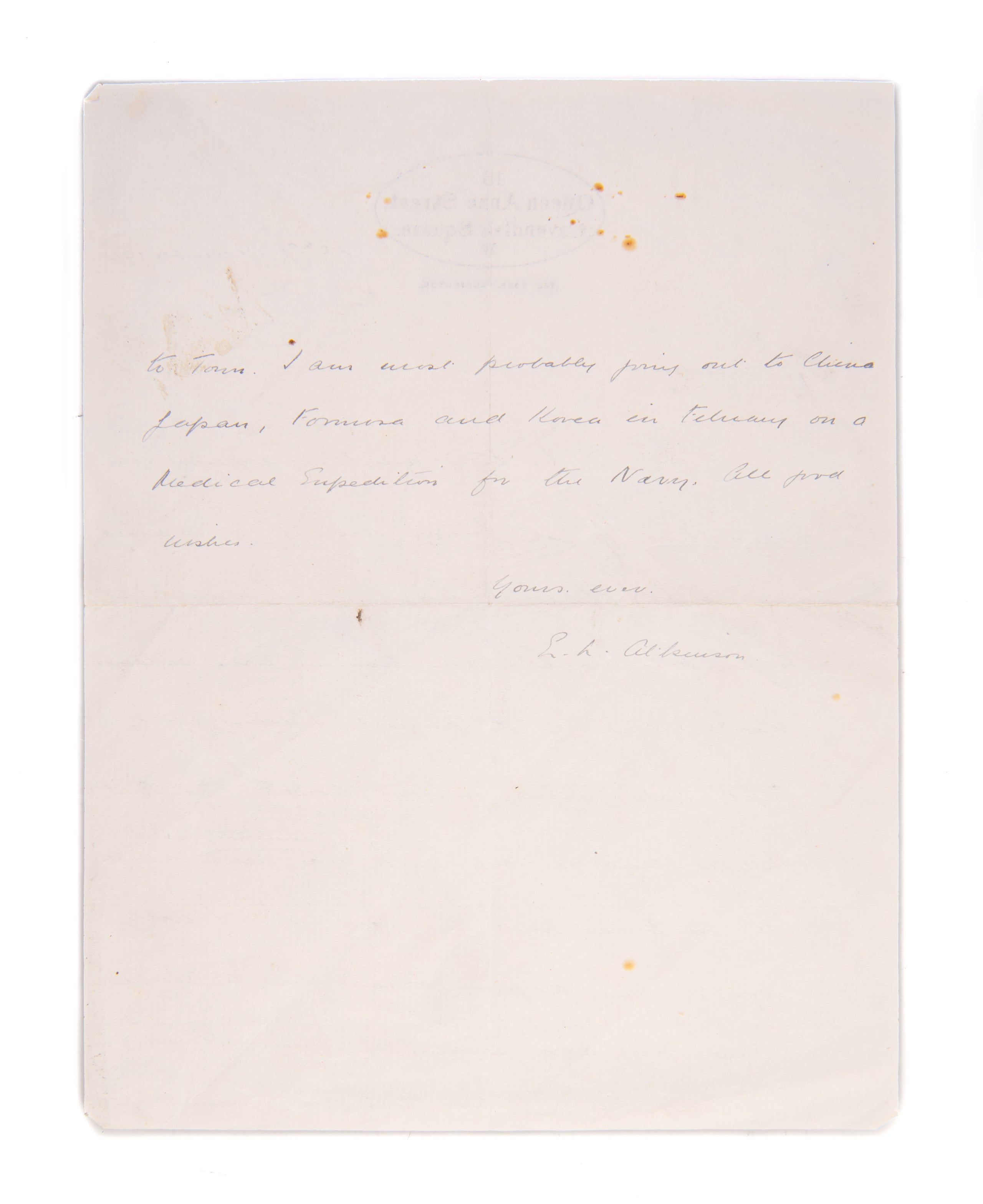 A half-length photogravure portrait of Captain Oates, with two autograph letters from Terra Nova Expedition members Edward L. Atkinson to Francis Davies.