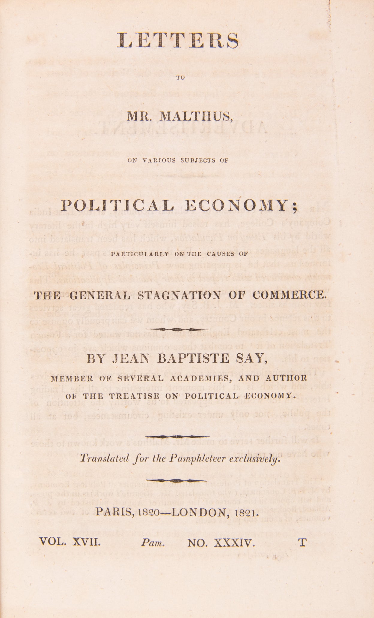 Letters to Mr. Malthus, on Various Subjects of Political Economy; Particularly on the Causes of the General Stagnation of Commerce. Translated for the Pamphleteer exclusively.
