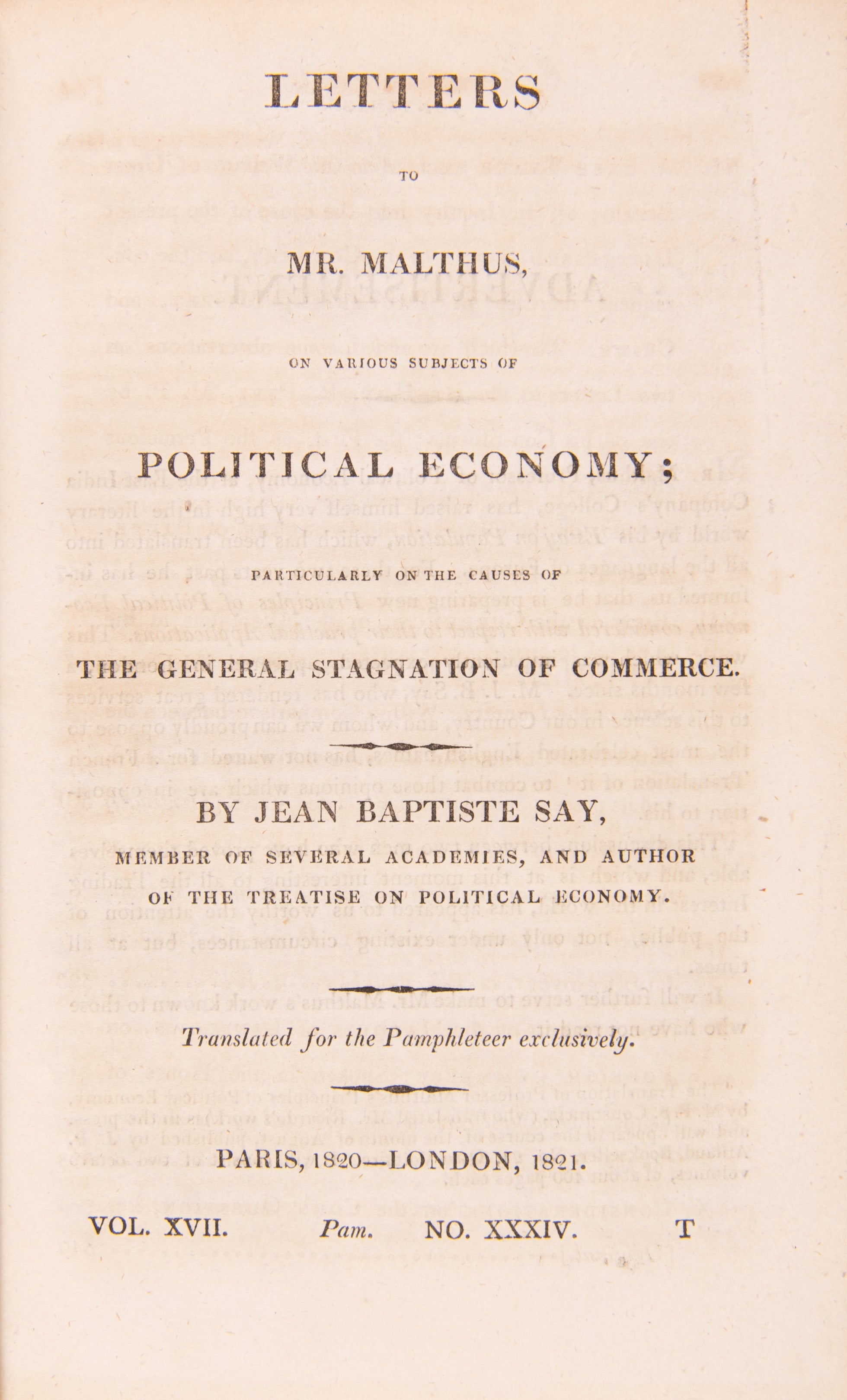 Letters to Mr. Malthus, on Various Subjects of Political Economy; Particularly on the Causes of the General Stagnation of Commerce. Translated for the Pamphleteer exclusively.