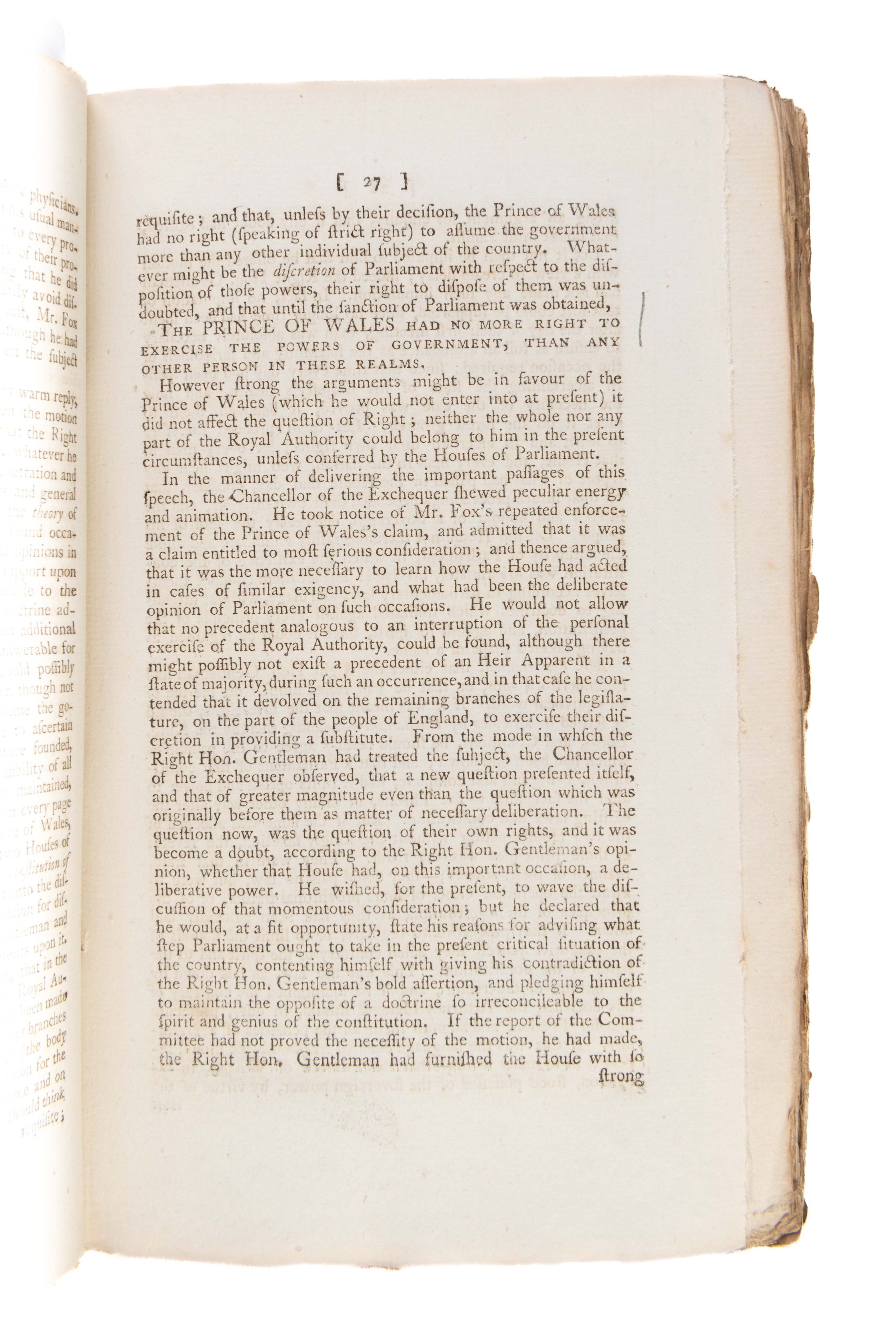 An Impartial Report of all the Proceedings in Parliament, on the late important subject of a Regency.