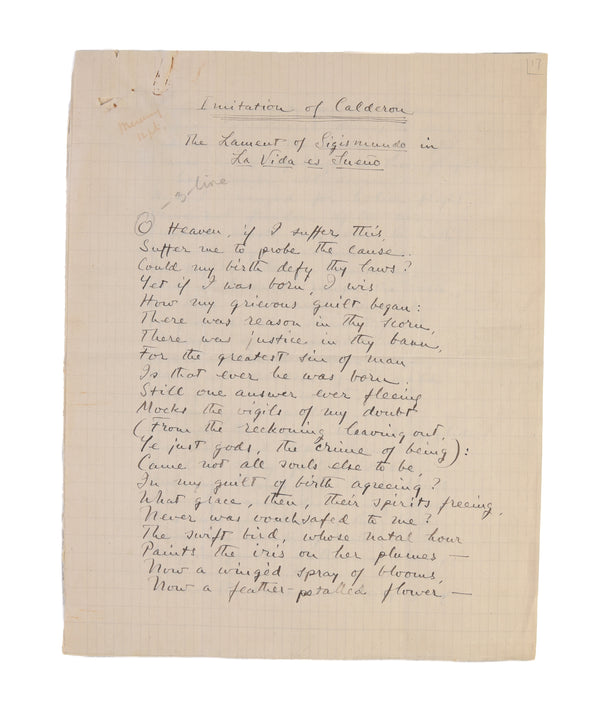 Autograph Manuscript, 'Imitation of Calderon. The Lament of Sigismundo La Vida es Sueño', signed 'G. Santayana'.