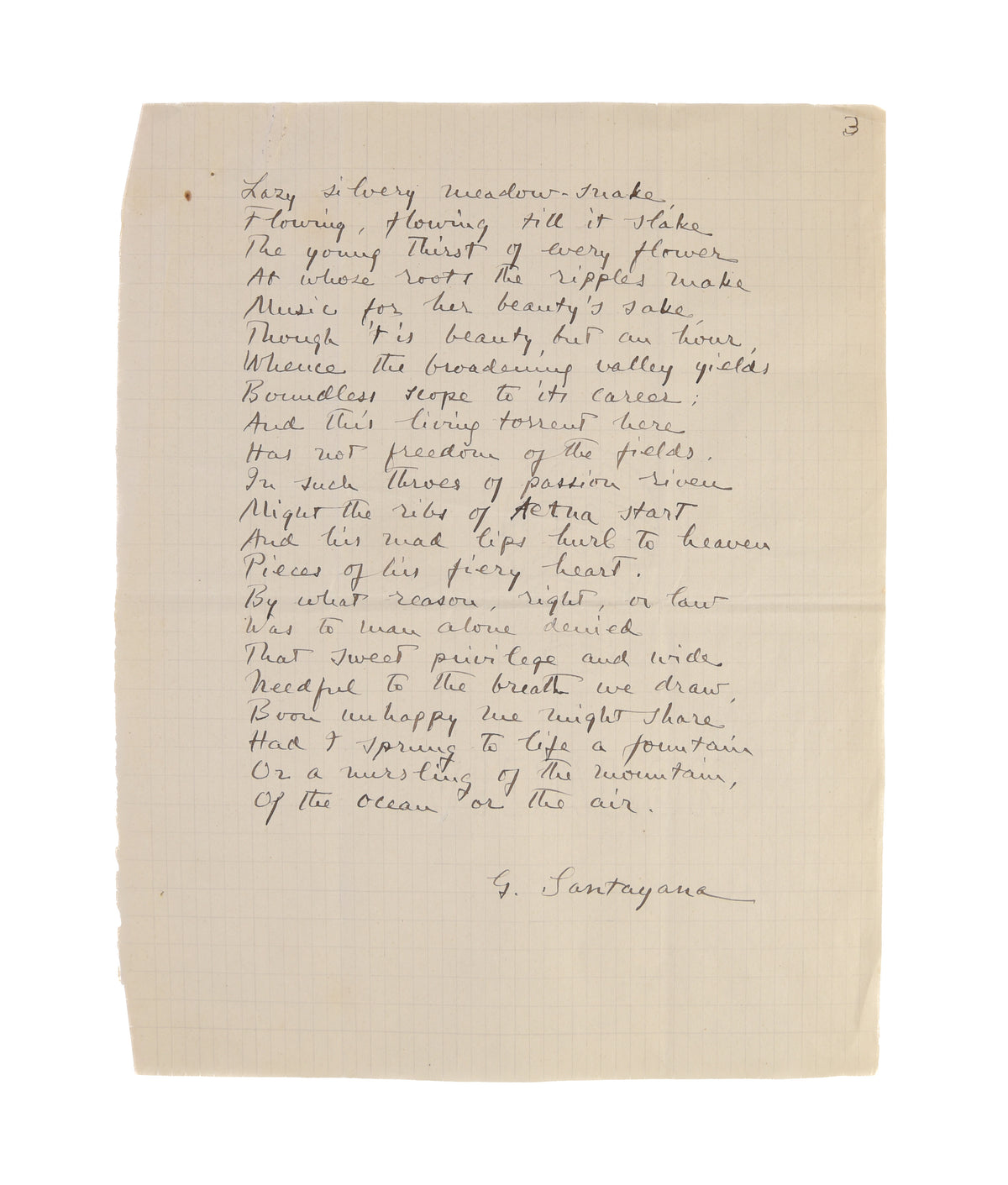Autograph Manuscript, 'Imitation of Calderon. The Lament of Sigismundo La Vida es Sueño', signed 'G. Santayana'.