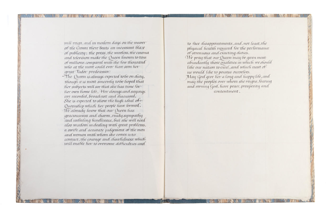 Calligraphic manuscript. The Address Given by the Lord Archbishop of York at the Service of Prayer and Thanksgiving in York Minster on Trinity Sunday Being the Sunday Preceding the Coronation of Her Sovereign Majesty Queen Elizabeth The Second on 2nd June