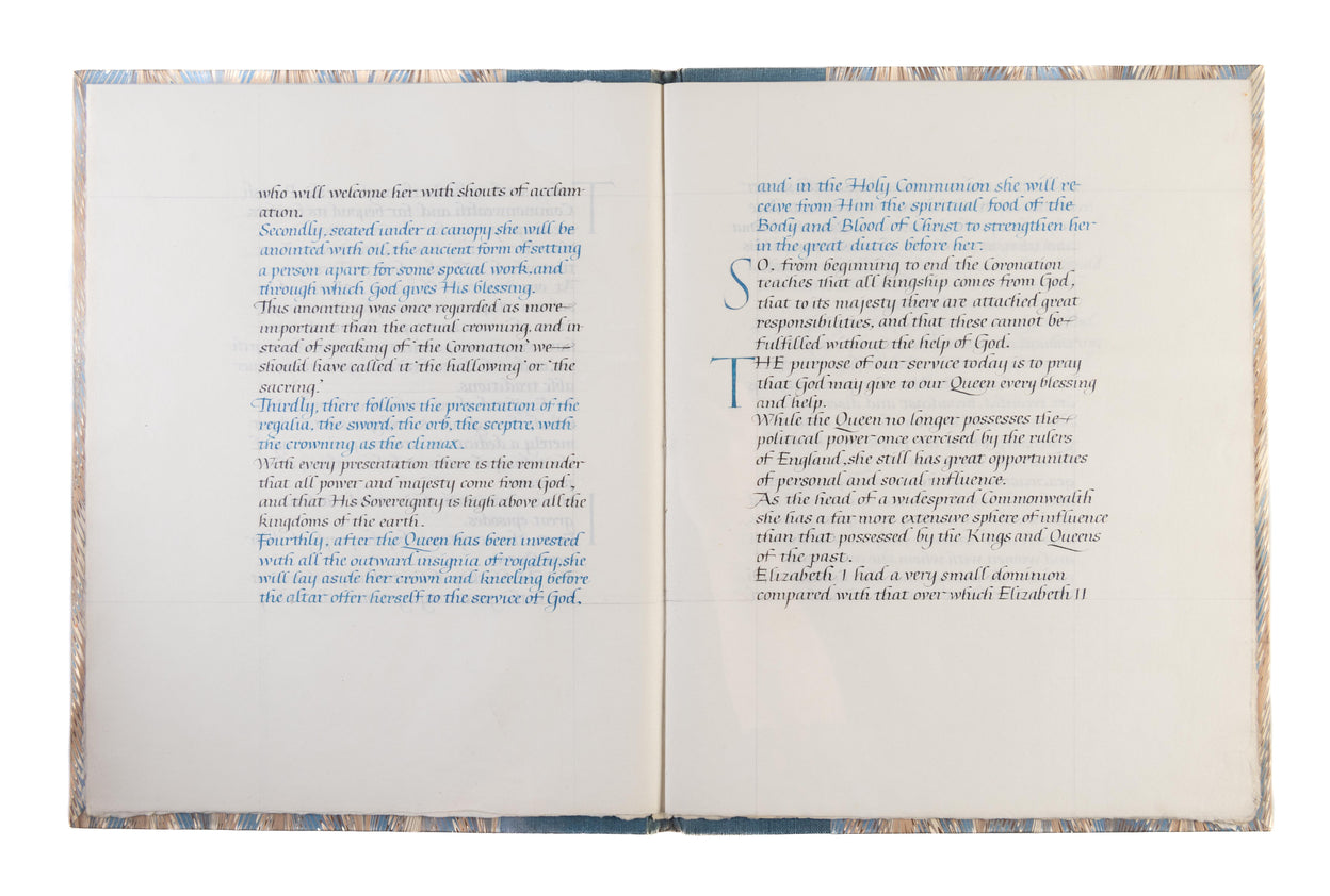 Calligraphic manuscript. The Address Given by the Lord Archbishop of York at the Service of Prayer and Thanksgiving in York Minster on Trinity Sunday Being the Sunday Preceding the Coronation of Her Sovereign Majesty Queen Elizabeth The Second on 2nd June