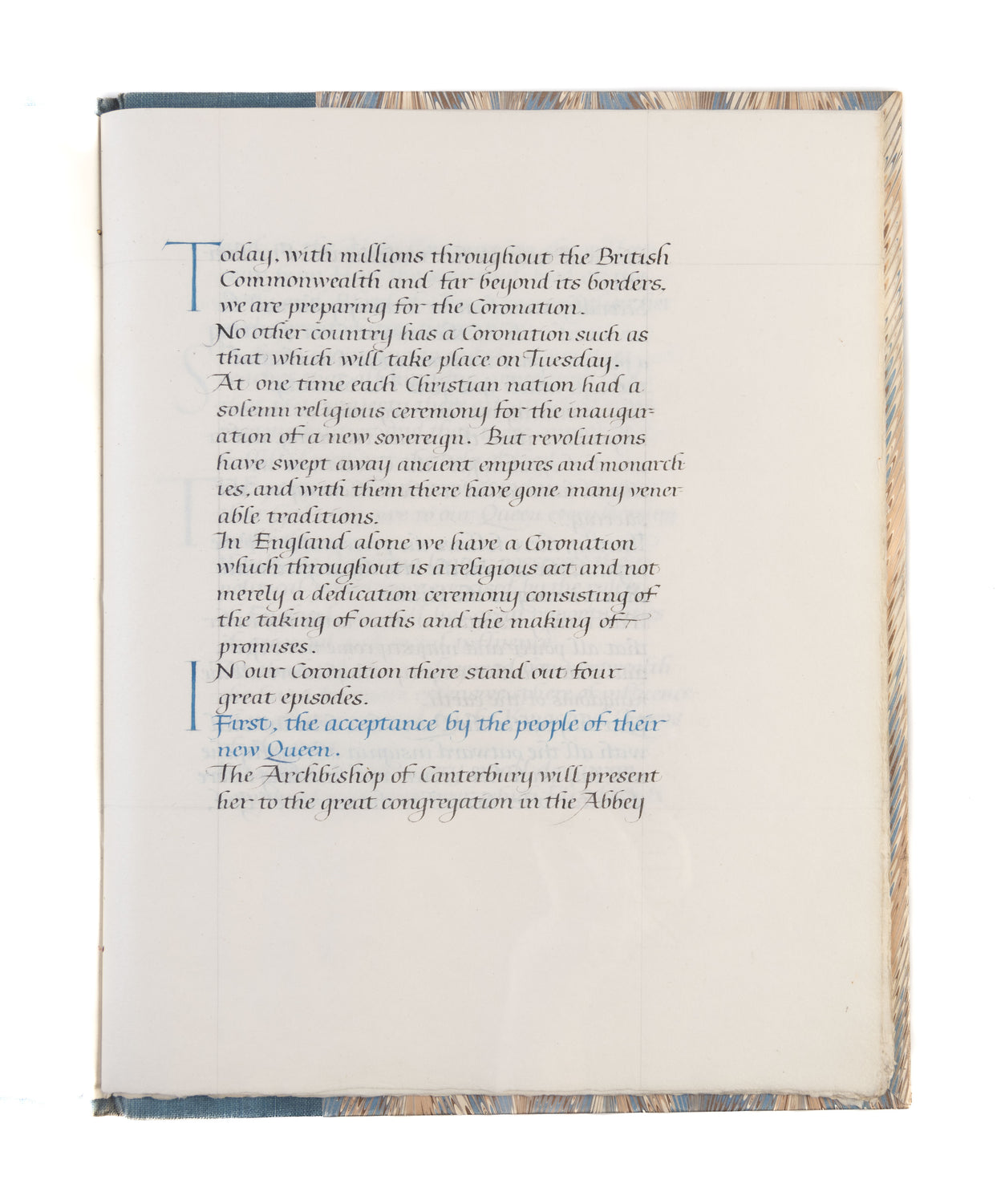 Calligraphic manuscript. The Address Given by the Lord Archbishop of York at the Service of Prayer and Thanksgiving in York Minster on Trinity Sunday Being the Sunday Preceding the Coronation of Her Sovereign Majesty Queen Elizabeth The Second on 2nd June