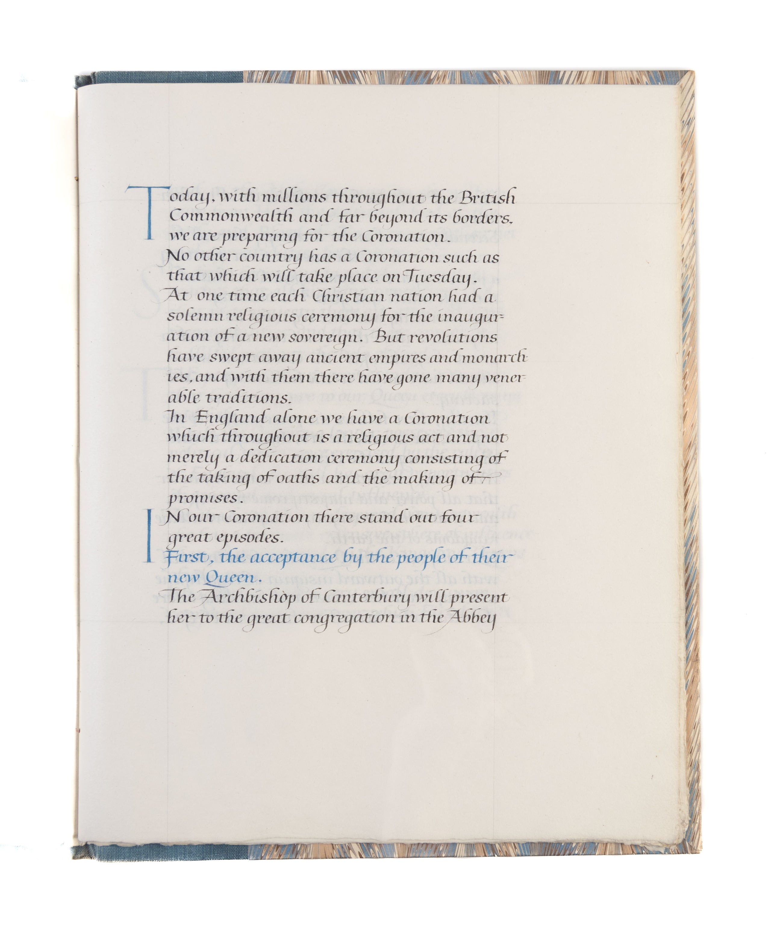 Calligraphic manuscript. The Address Given by the Lord Archbishop of York at the Service of Prayer and Thanksgiving in York Minster on Trinity Sunday Being the Sunday Preceding the Coronation of Her Sovereign Majesty Queen Elizabeth The Second on 2nd June