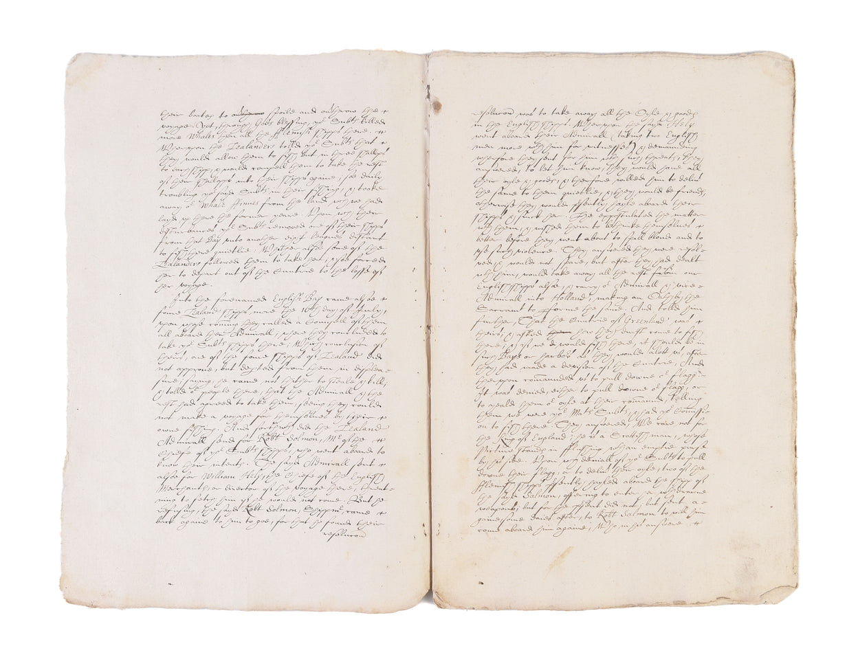 Two unpublished reports to King James I, complaining of “wrongs and abuses” perpetrated by the Dutch on English whale-hunters at Spitsbergen and on English merchants and sailors at Pola Run in the Spice Islands. Compiled in 1618 by the Muscovy and East In