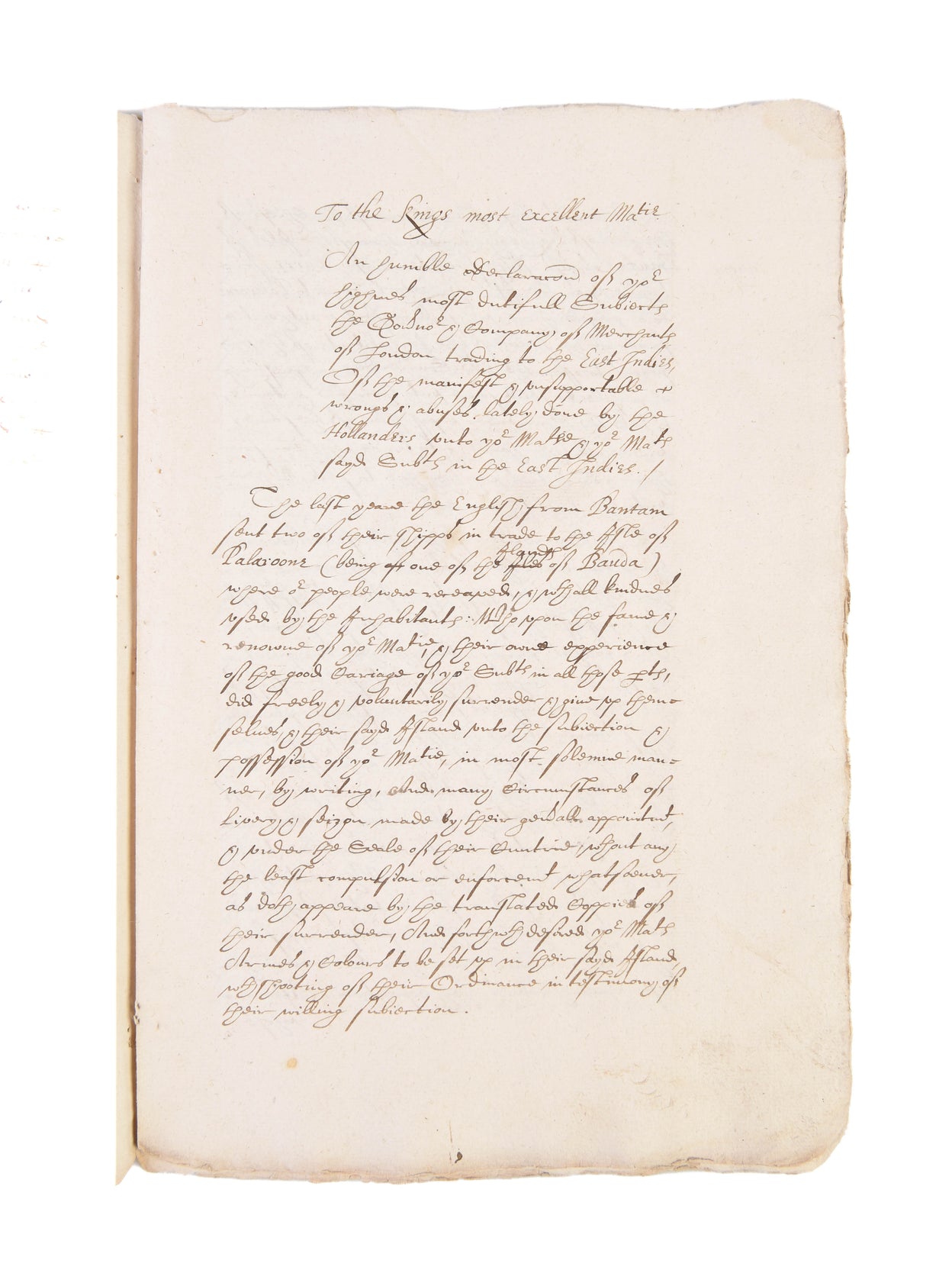 Two unpublished reports to King James I, complaining of “wrongs and abuses” perpetrated by the Dutch on English whale-hunters at Spitsbergen and on English merchants and sailors at Pola Run in the Spice Islands. Compiled in 1618 by the Muscovy and East In