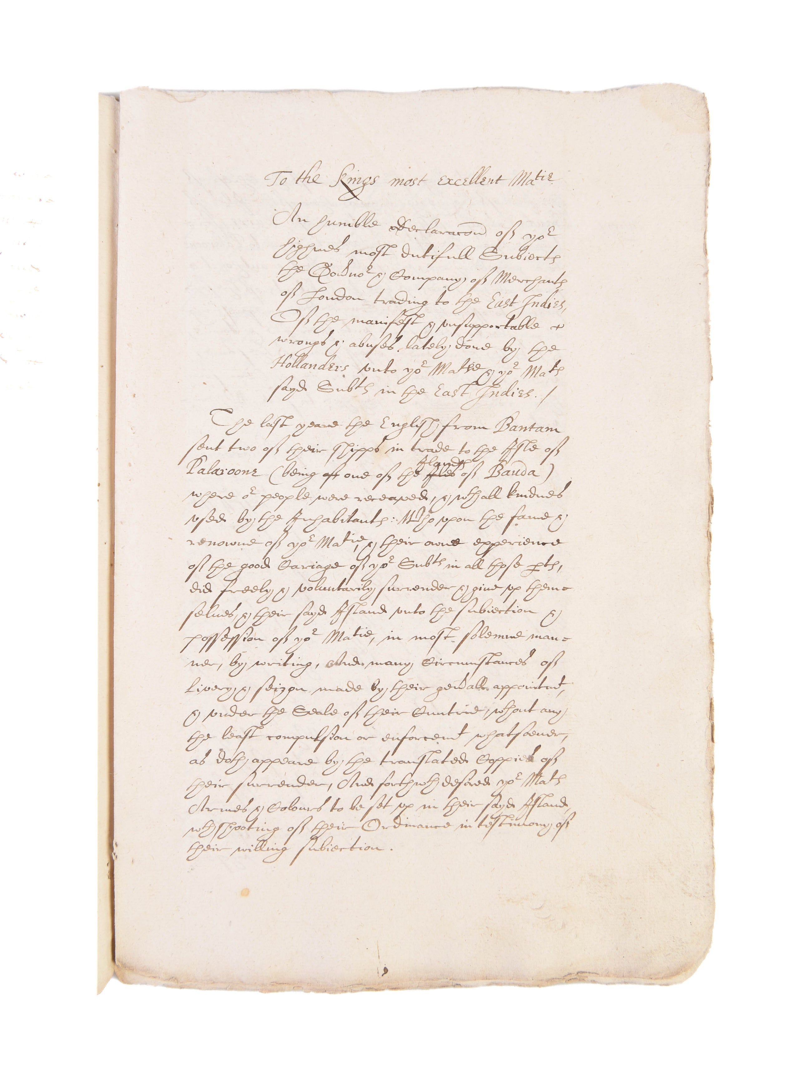 Two unpublished reports to King James I, complaining of “wrongs and abuses” perpetrated by the Dutch on English whale-hunters at Spitsbergen and on English merchants and sailors at Pola Run in the Spice Islands. Compiled in 1618 by the Muscovy and East In