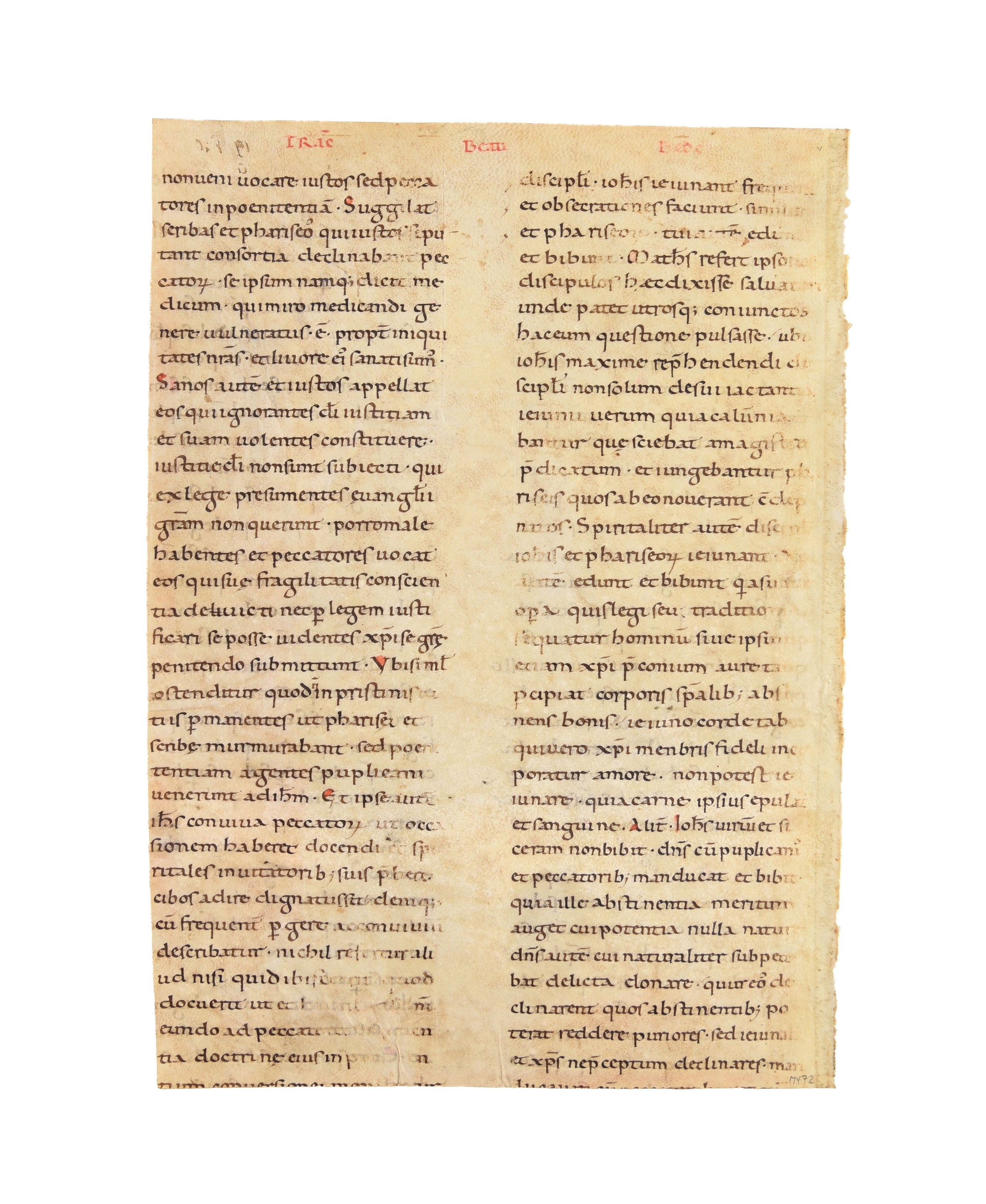 Large fragment, almost a full leaf, from Bede's Commentary on St. Mark's Gospel, in Latin, manuscript on vellum.
Italy, 1100-1150
