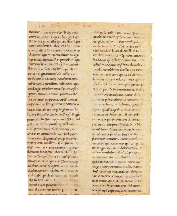 Large fragment, almost a full leaf, from Bede's Commentary on St. Mark's Gospel, in Latin, manuscript on vellum.
Italy, 1100-1150