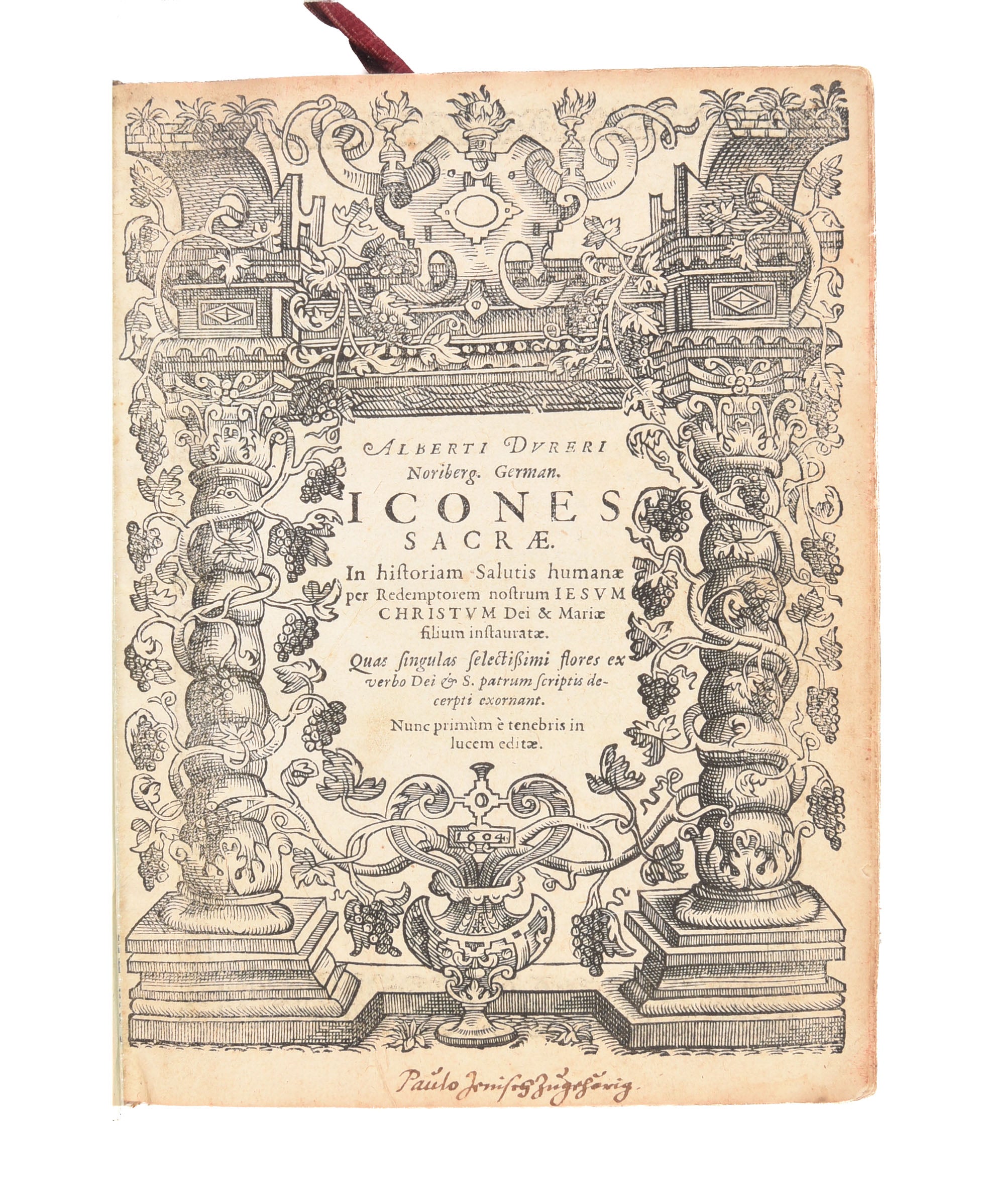 Alberti Durer Noriberg. German. Icones sacrae. In historiam salutis humanae per redemptorem nostrum Iesum Christum Dei & Marium filium instauratae... nunc primum è tenebris in lucem editae...
 
 
[Hamburg, G.L. Frobenius], 1604