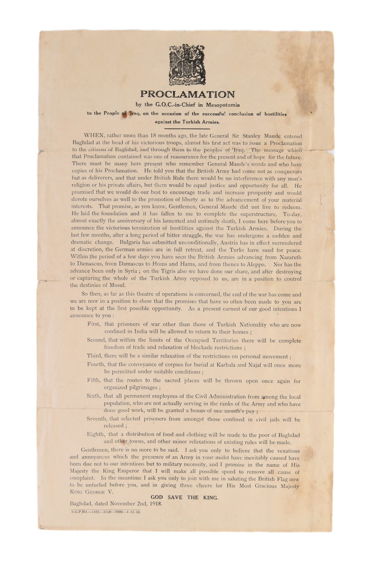 Proclamation by the G.O.C.-in-Chief in Mesopotamia to the People of 'Iraq, on the occasion of the successful conclusion of hostilities against the Turkish Armies.