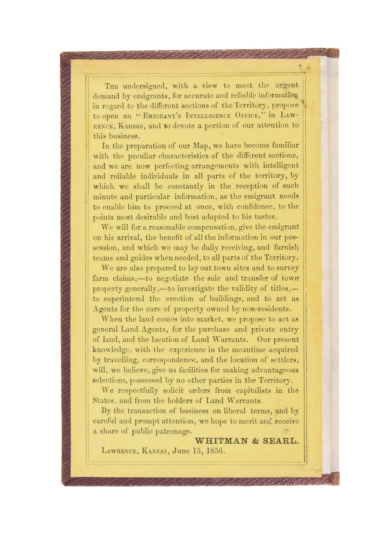 Map of Eastern Kansas by E.B. Whitman & A. D. Searl General Land Agents Lawrence, Kansas.