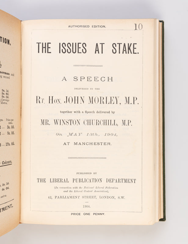 'The Issue at Stake' and 'Winston Churchill on the Aliens Bill'. [in: Pamphlets and Leaflets for 1904. Being the Publications for the Year of the Liberal Publication Department.]