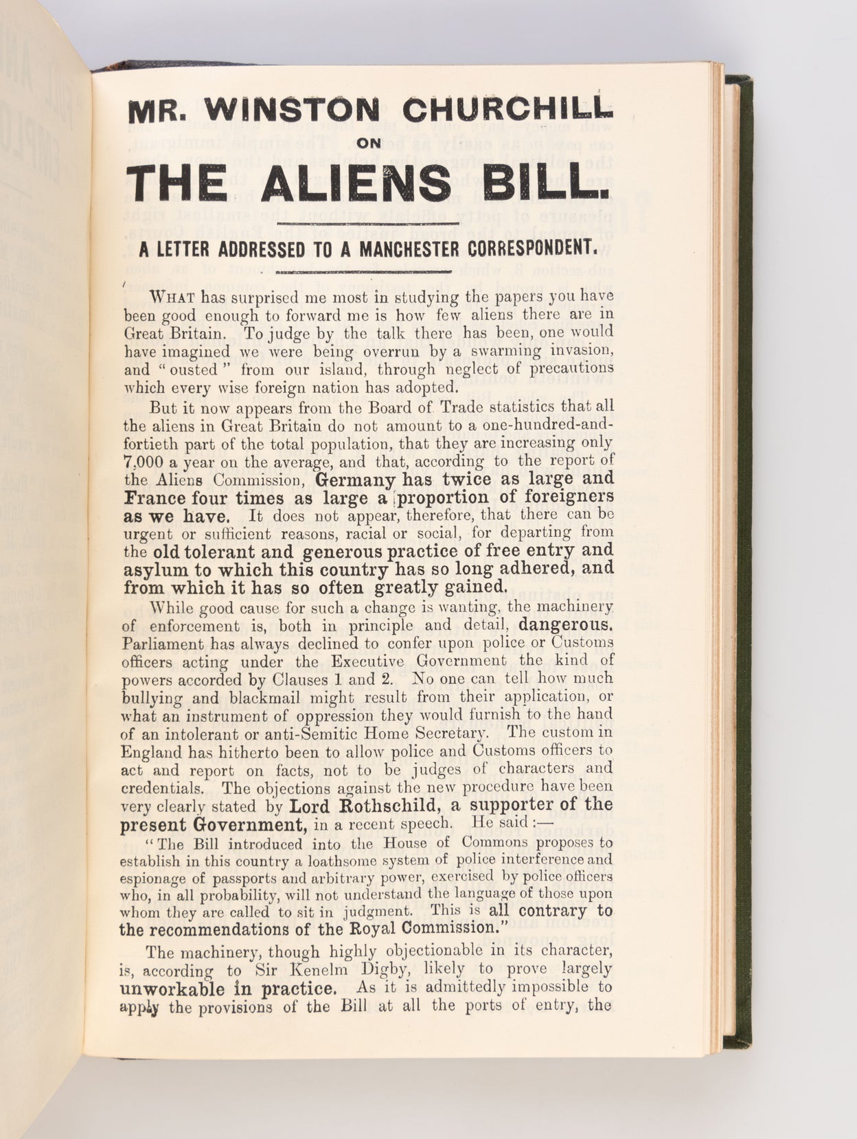 'The Issue at Stake' and 'Winston Churchill on the Aliens Bill'. [in: Pamphlets and Leaflets for 1904. Being the Publications for the Year of the Liberal Publication Department.]