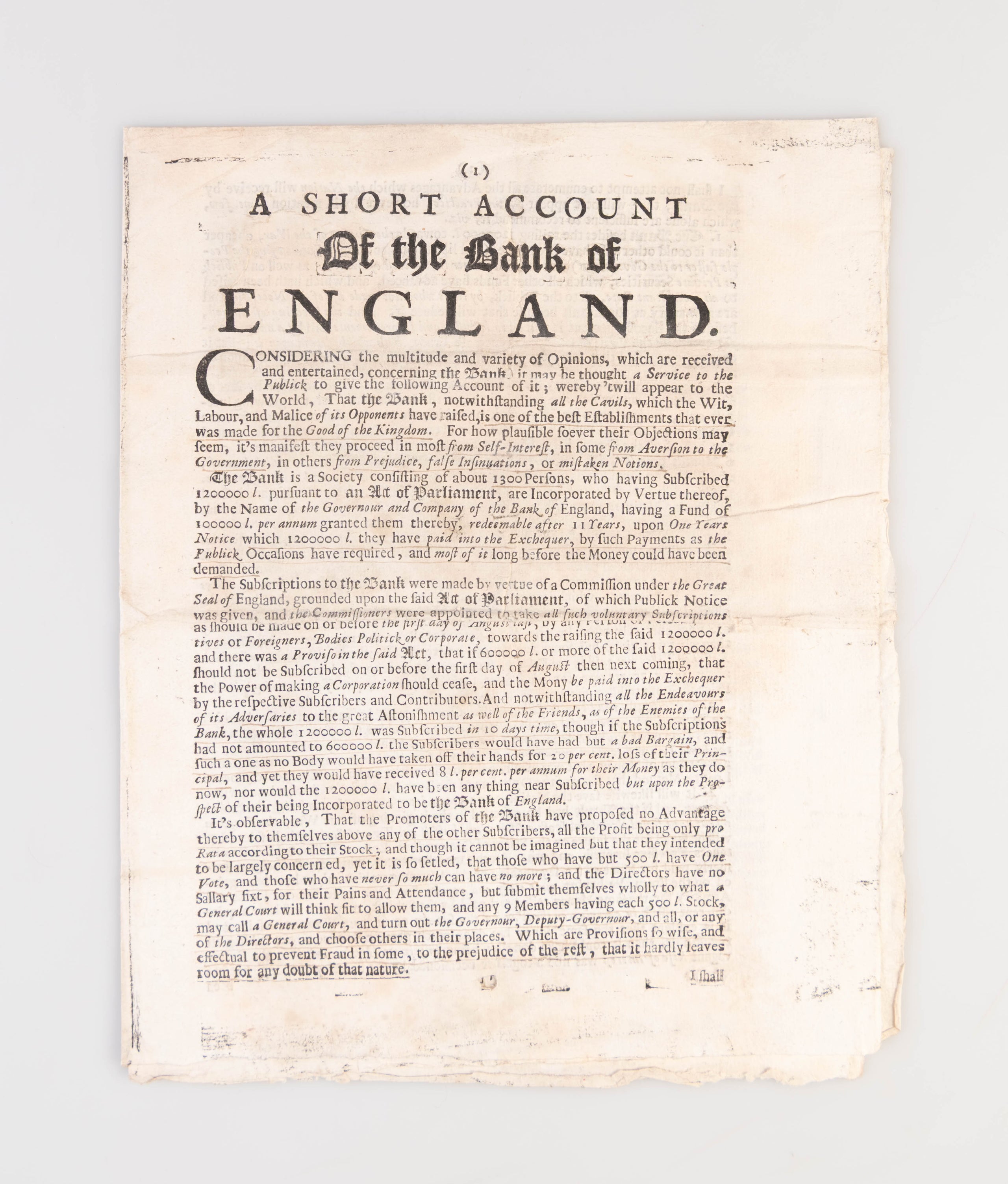 A Short Account of the Bank of England.