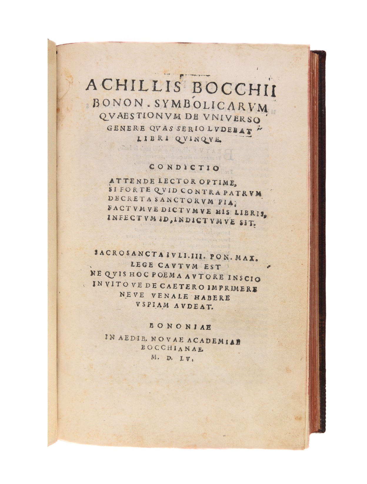Symbolicarum quaestionum de universo genere quas serio ludebat libri quinque.
Bologna, Nova Academica Bocchiana,