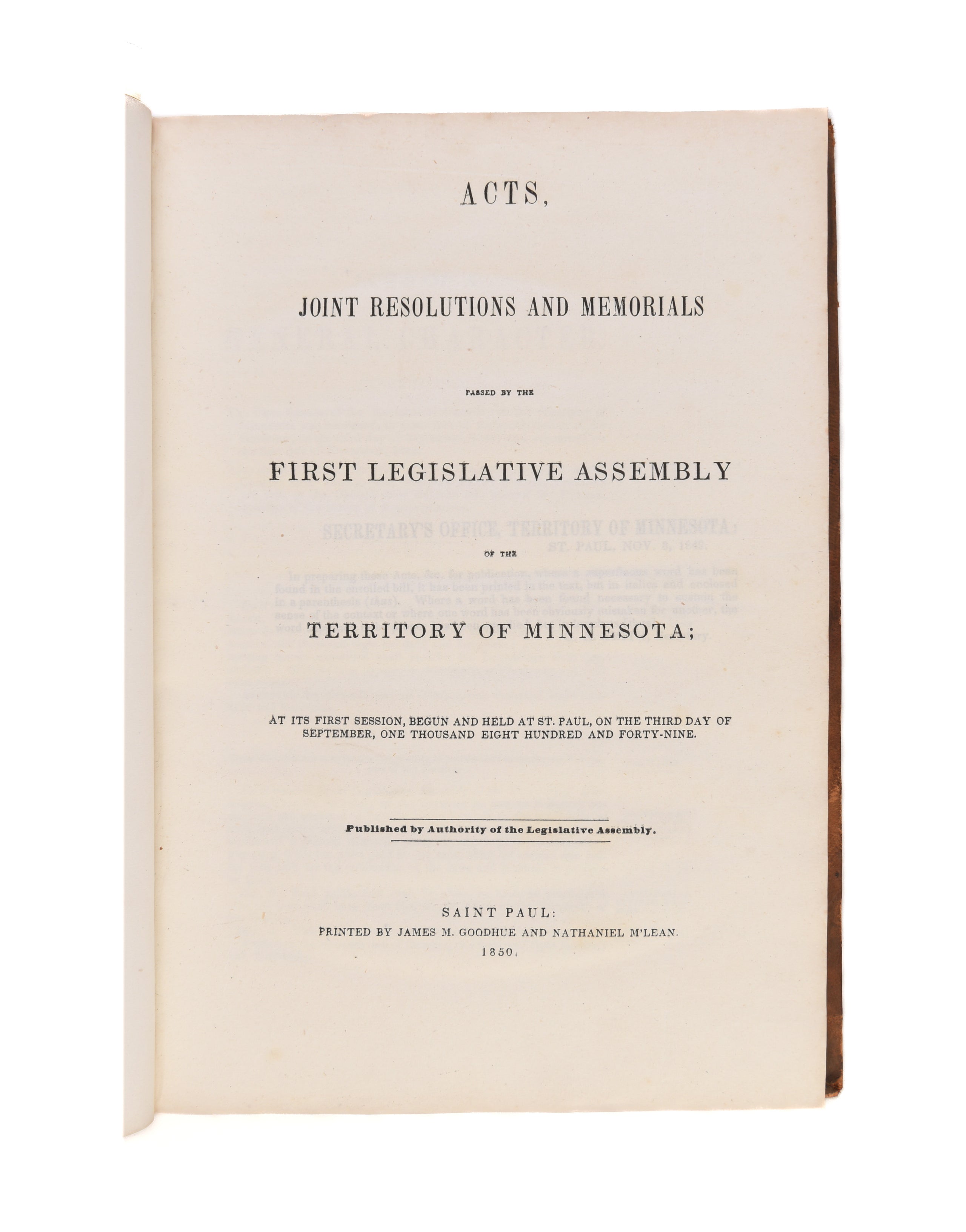 Acts, Joint Resolutions and Memorials passed by the First Legislative Assembly of the Territory of Minnesota;