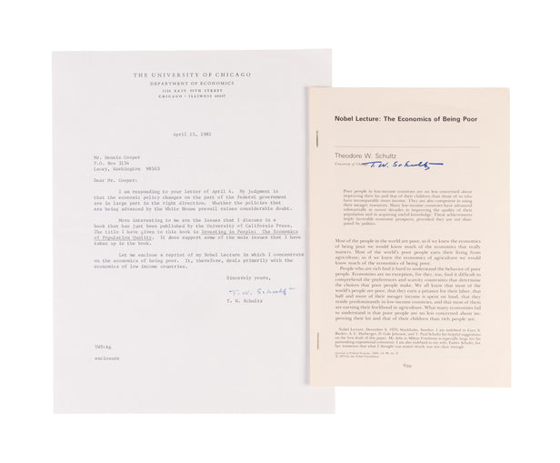 Nobel Lecture: The Economics of Being Poor. [with:] Typed Letter Signed ('T. W. Schultz') to 'Mr. Dennis Cooper'.