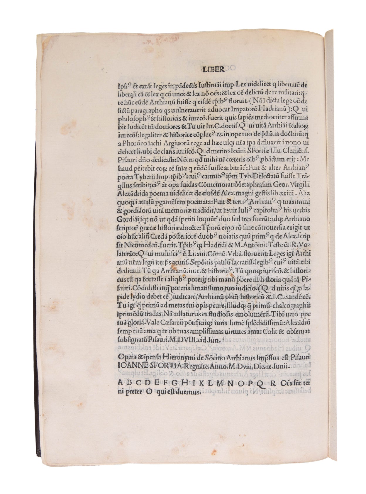 Praefatio in libris rerum gestarum Alexandri regis [translated by Bartolomeo Facio]. 
Pesaro: Girolamo Soncino, 9 June 1508
