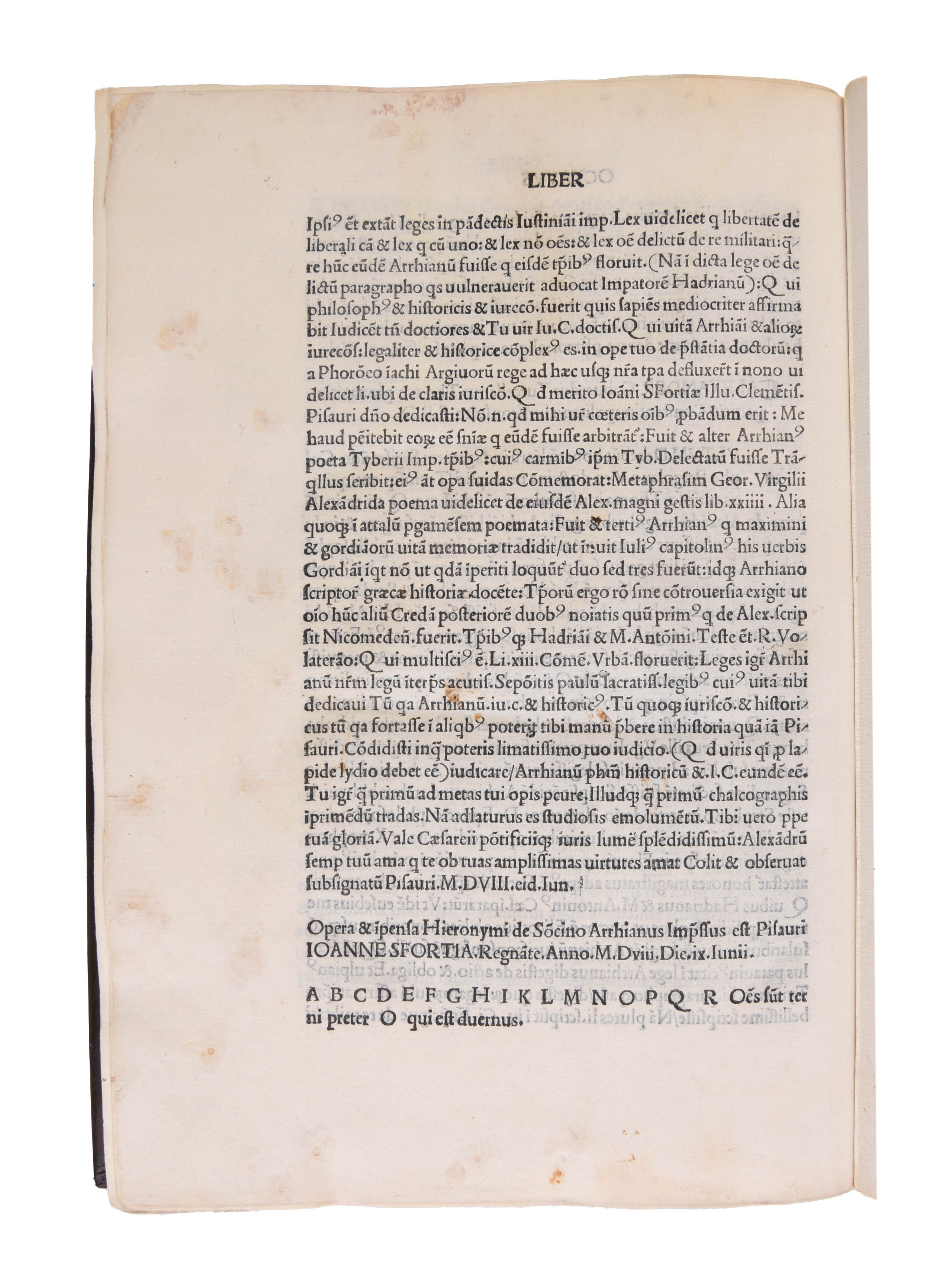 Praefatio in libris rerum gestarum Alexandri regis [translated by Bartolomeo Facio]. 
Pesaro: Girolamo Soncino, 9 June 1508