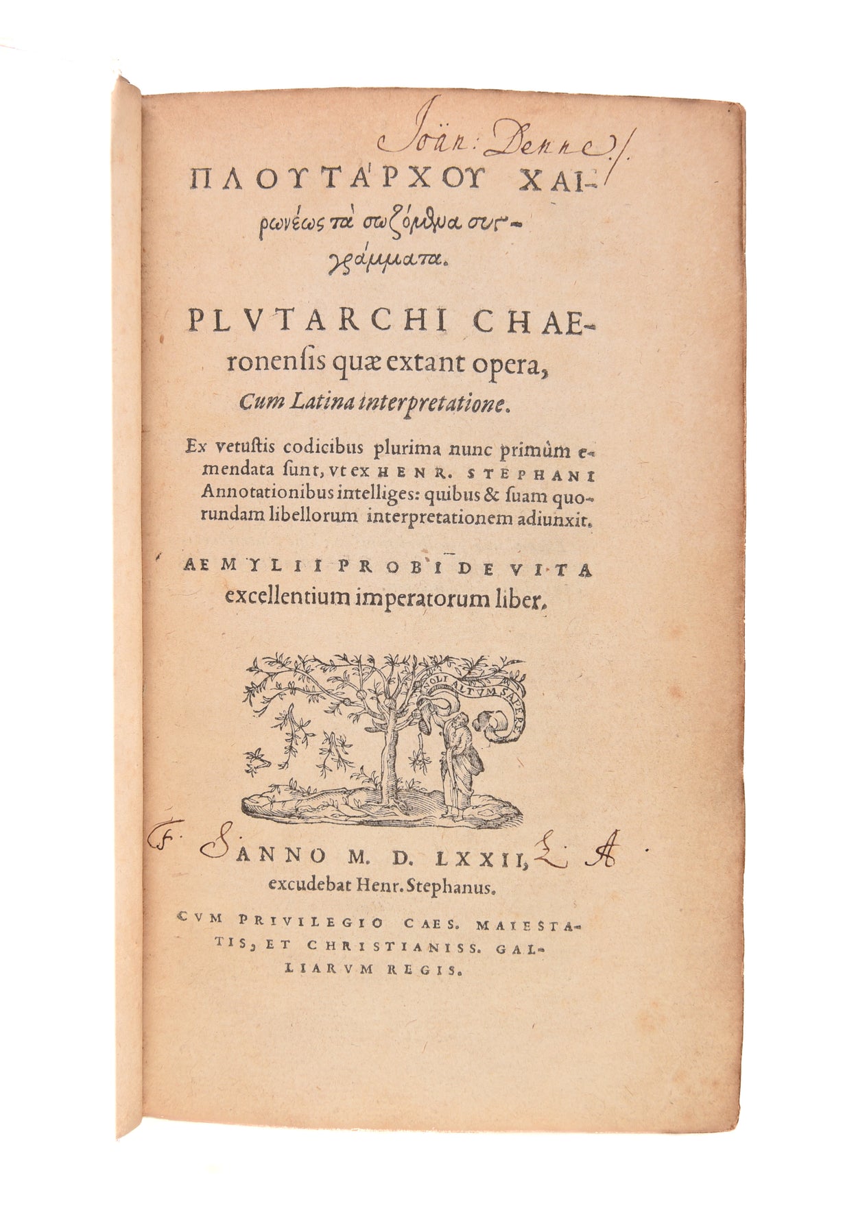 [Works, Greek & Latin] Τα σωζομενα συγγραμματα... Quae extant opera, cum Latina intepretatione.
[Geneva], Henri Estienne, 1572