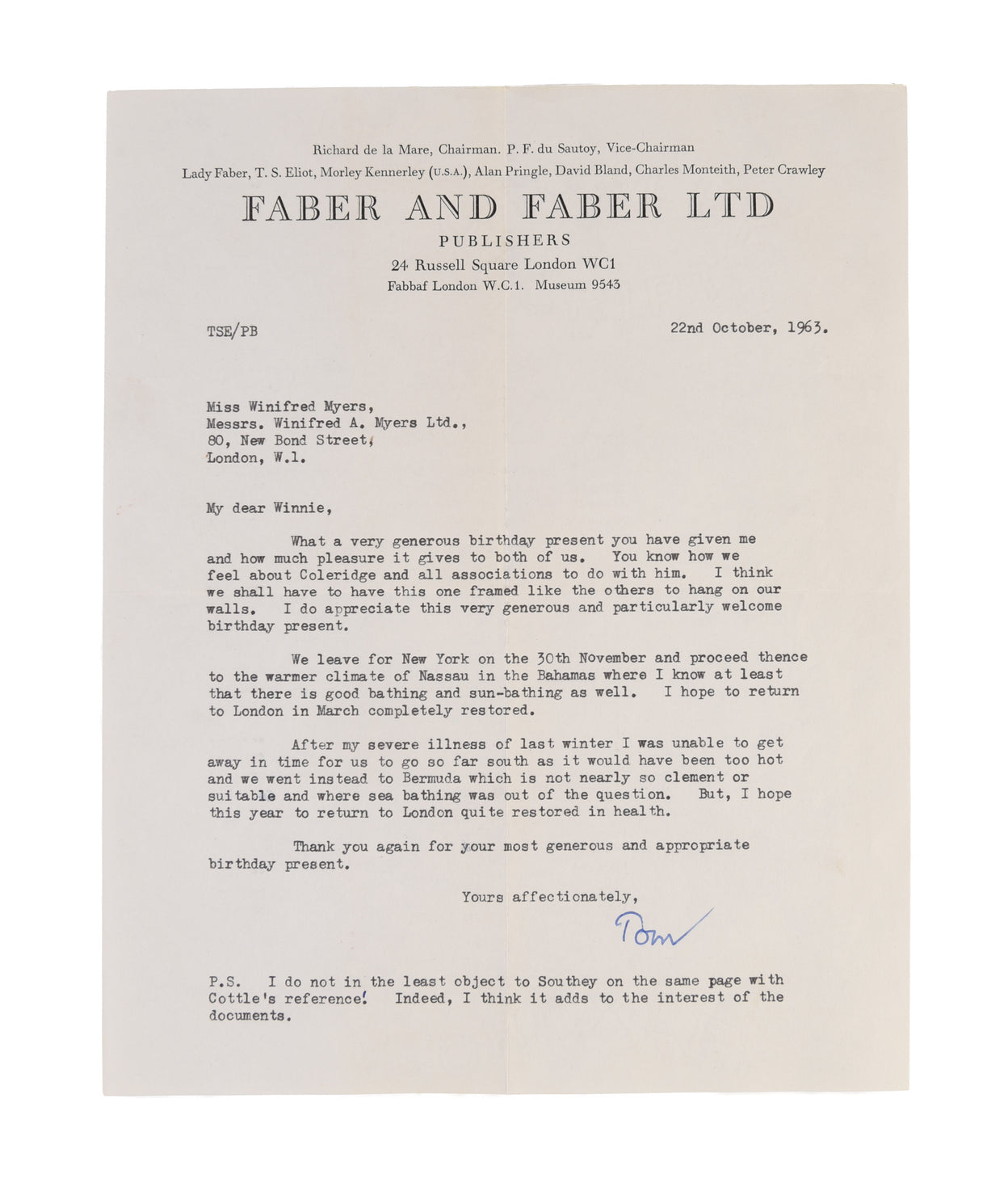 Typed Letter Signed ('Tom') to 'My dear Winnie' (Winifred Myers, bookseller), thanking her for 'very generous and particularly welcome birthday present',