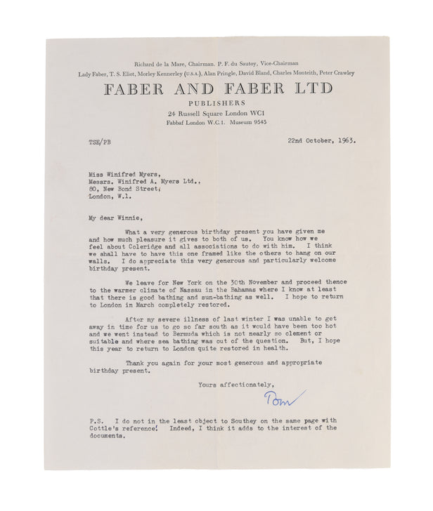 Typed Letter Signed ('Tom') to 'My dear Winnie' (Winifred Myers, bookseller), thanking her for 'very generous and particularly welcome birthday present',