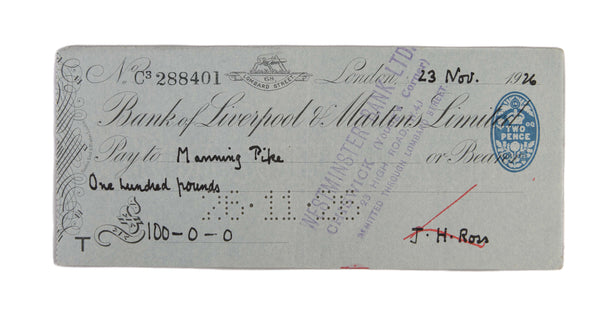 Autograph cheque signed ('J.H. Ross'), made out to Manning Pike for £100.