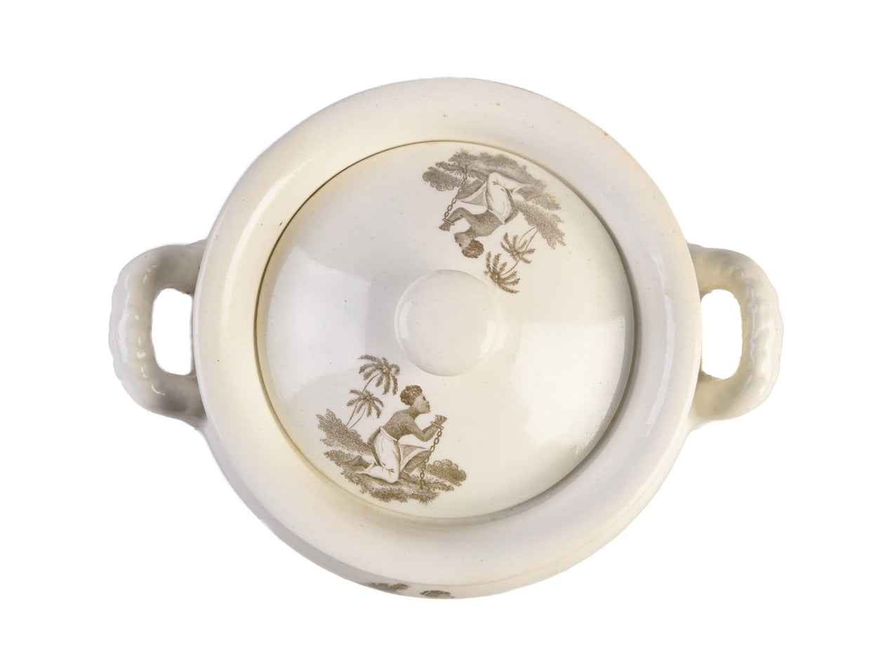 [Transferware sugar bowl with abolitionist vignettes.]
