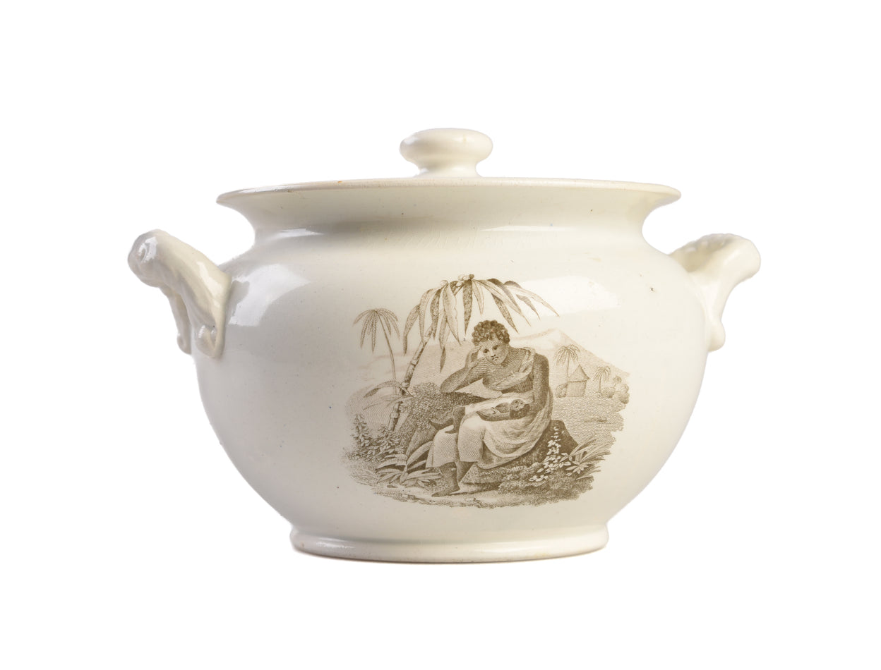 [Transferware sugar bowl with abolitionist vignettes.]