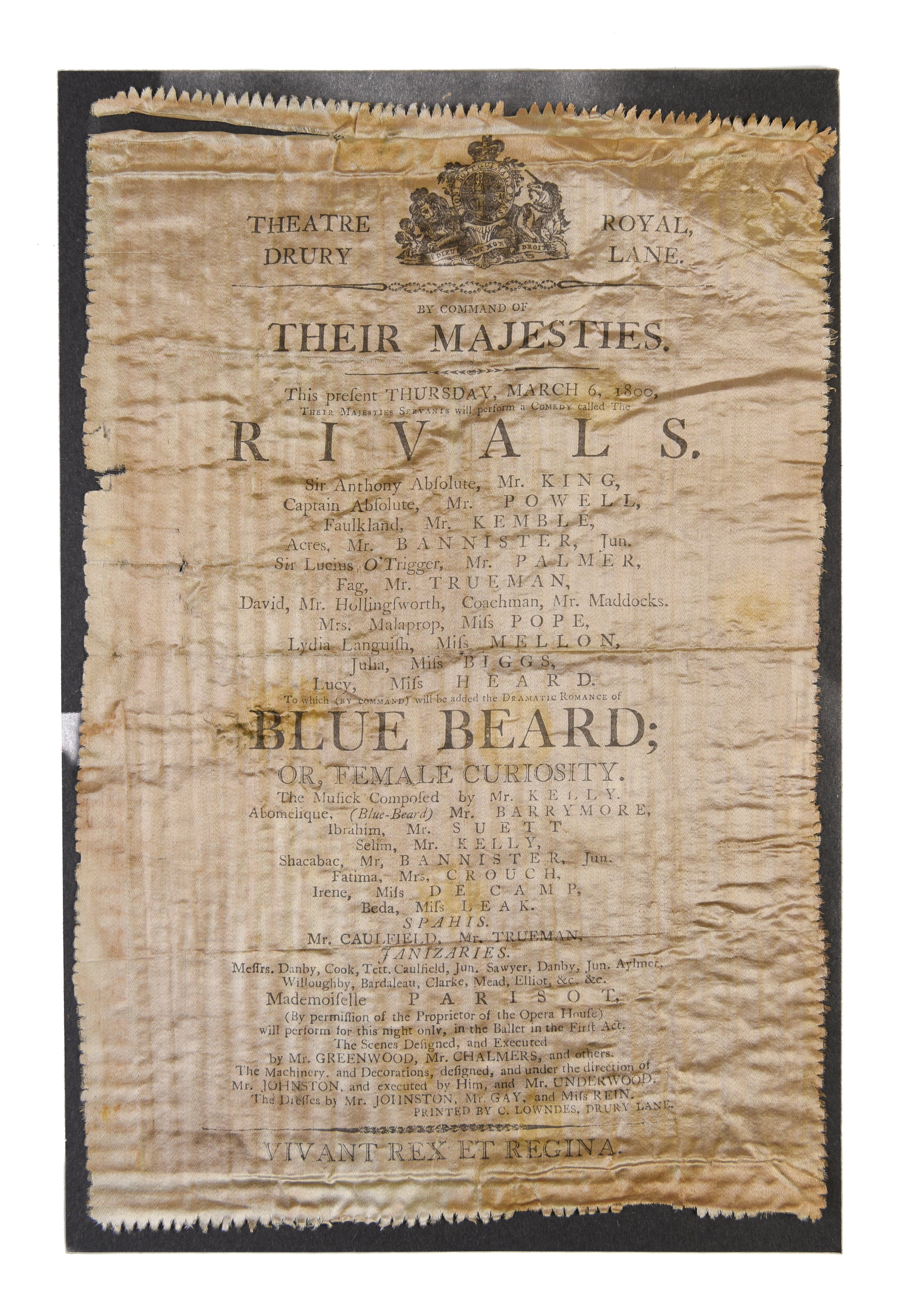 By Command of their Majesties. This Thursday, March 6, 1800, their Majesties Servants Will Perform a Comedy called The Rivals. [...] To which (by Command) will be added the Dramatic Romance of Blue Beard; or, Female Curiosity.