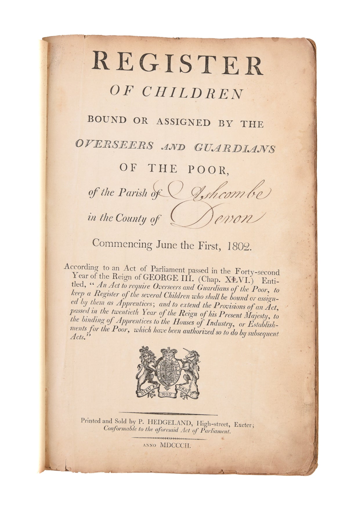 Register of Children Bound or Assigned by the Overseers and Guardians of the Poor [for the Village of Ashcombe, Devon].