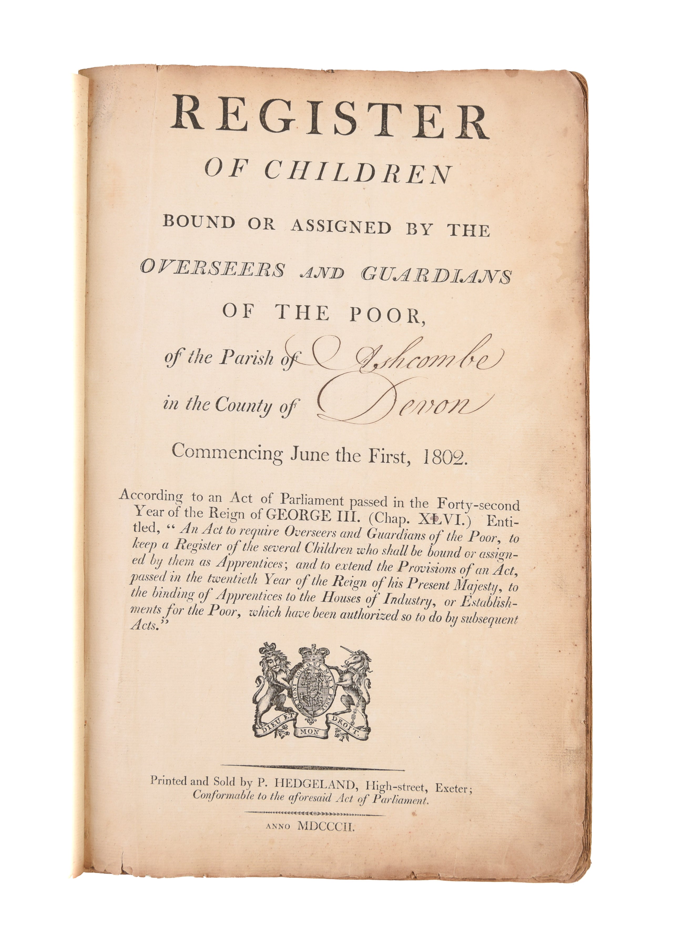 Register of Children Bound or Assigned by the Overseers and Guardians of the Poor [for the Village of Ashcombe, Devon].