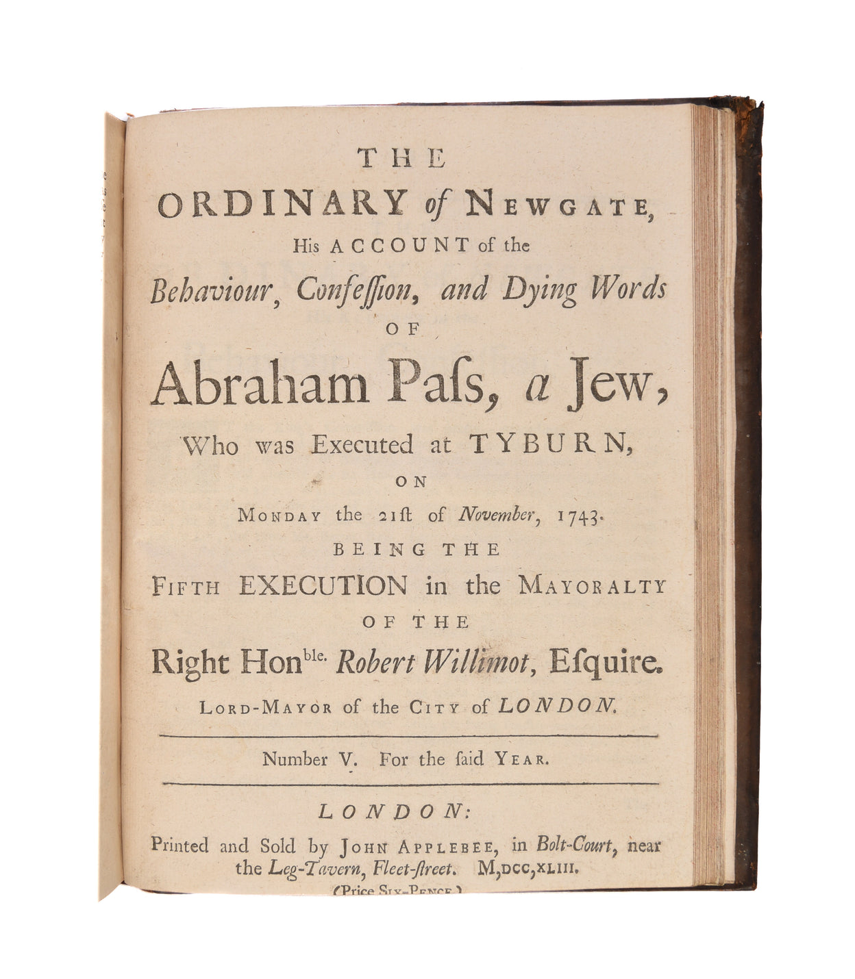 Five bound volumes of Sessions Papers covering the period 1730-1743.