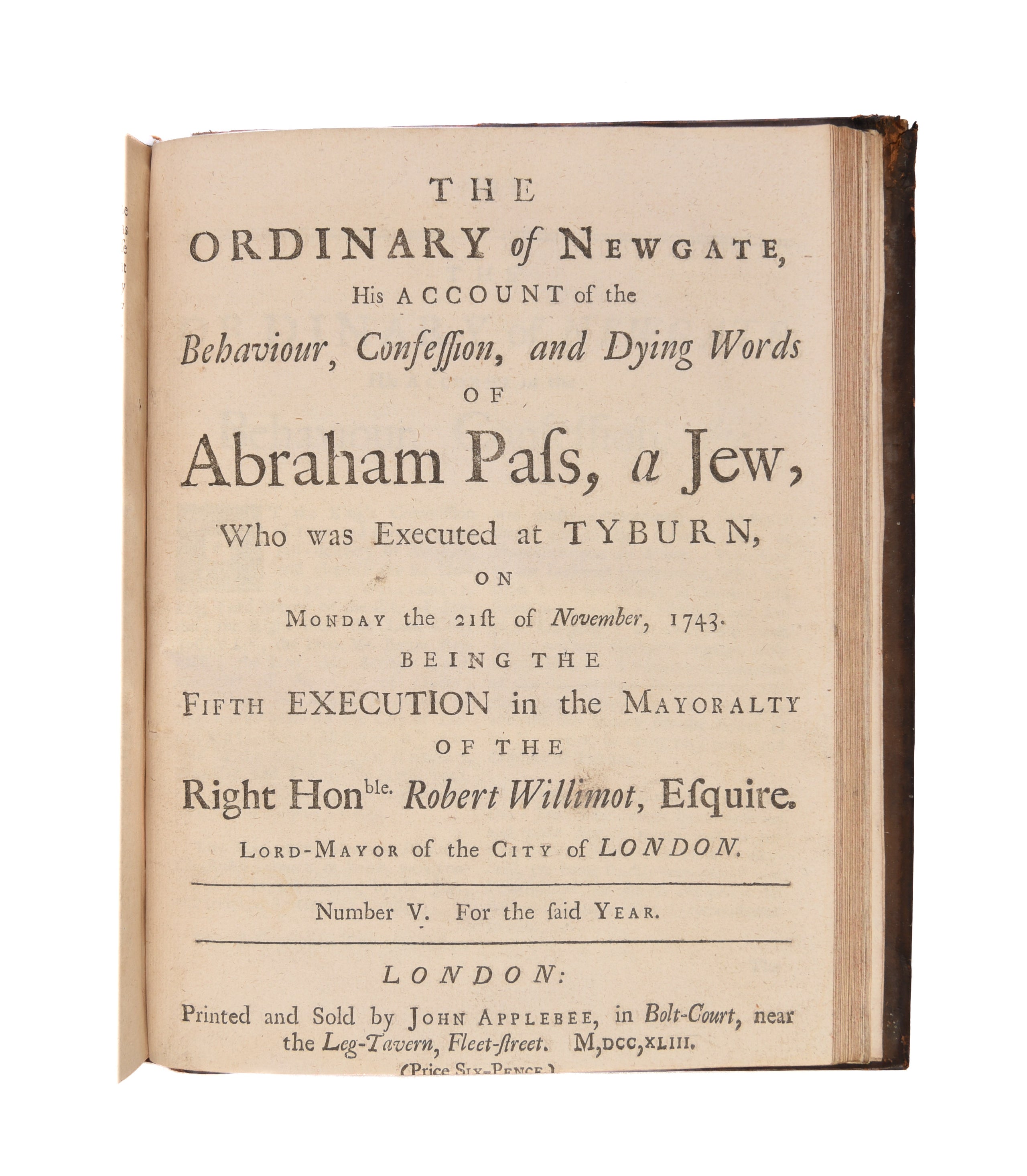 Five bound volumes of Sessions Papers covering the period 1730-1743.