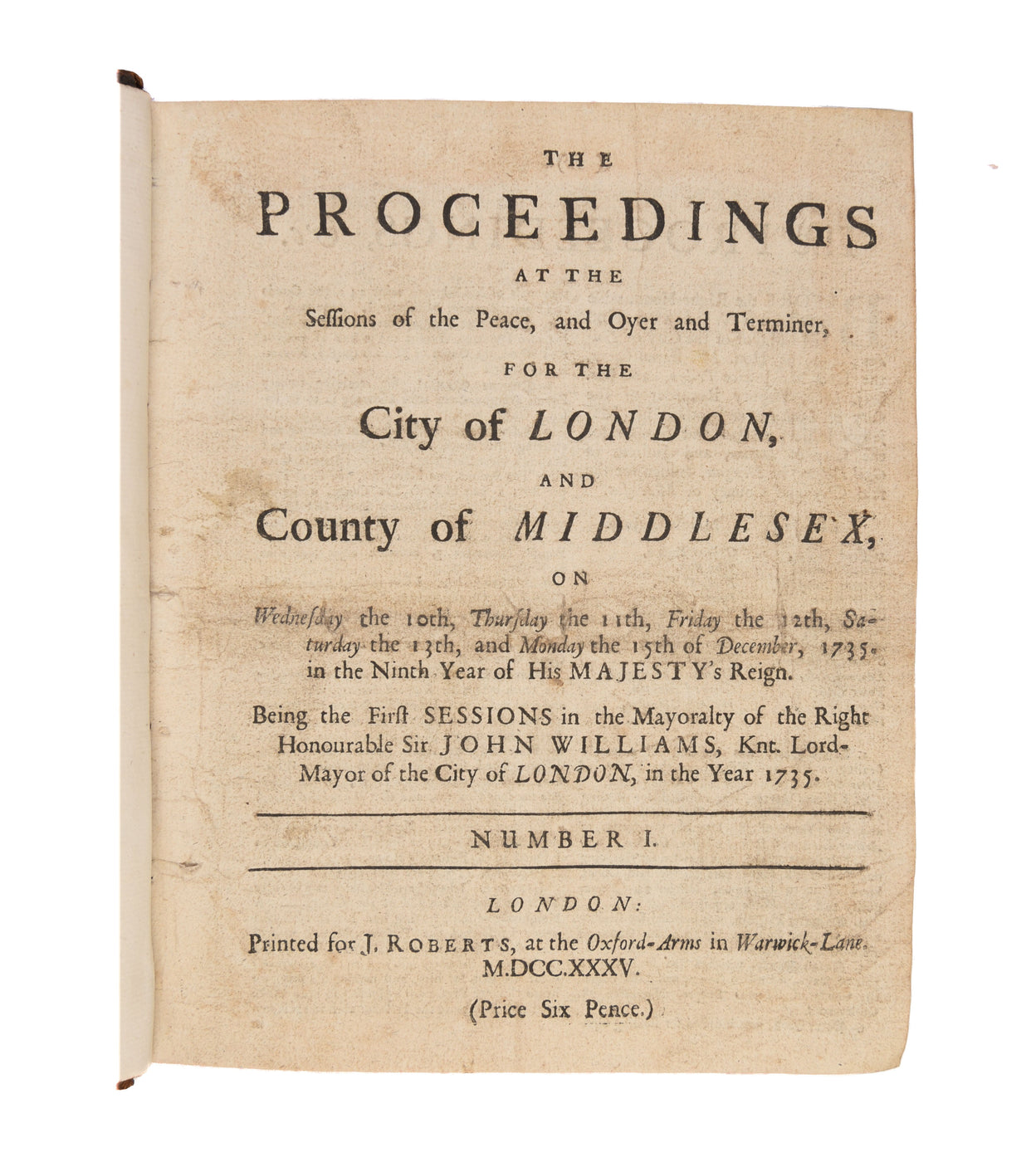 Five bound volumes of Sessions Papers covering the period 1730-1743.